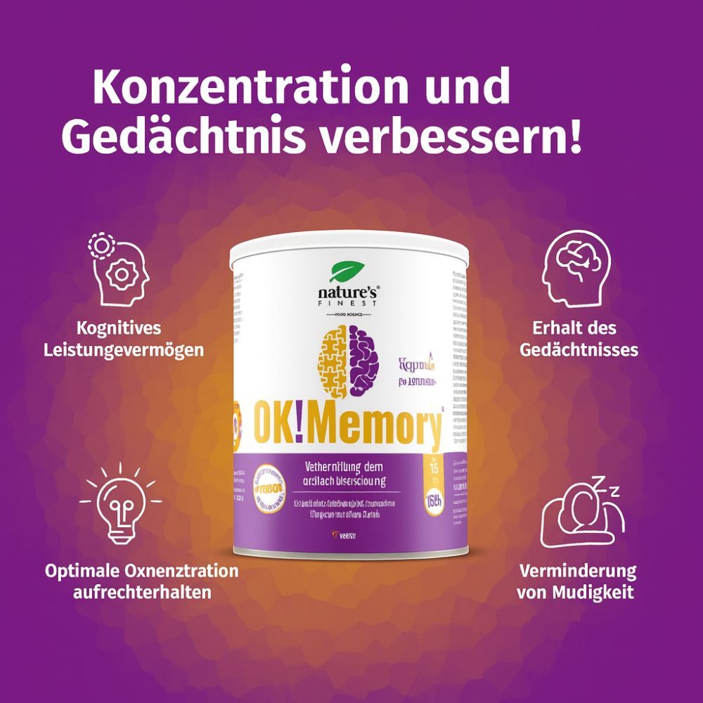 Weißes zylindrisches Produkt mit lila Akzenten. Aufschrift: OK!Memory, Nature's Finest. Grafiken zeigen Vorteile: Konzentration, Gedächtnis.