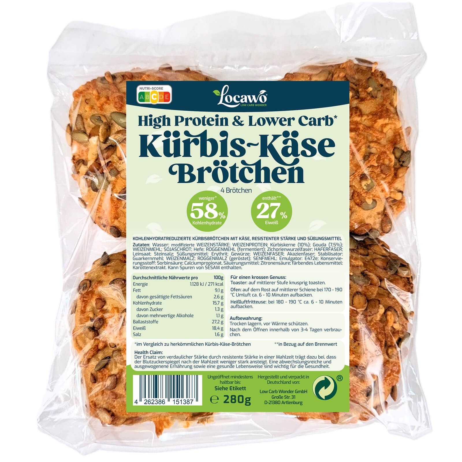 Locawo High Protein & Low Carb Kürbis-Käse-Brötchen 280 g