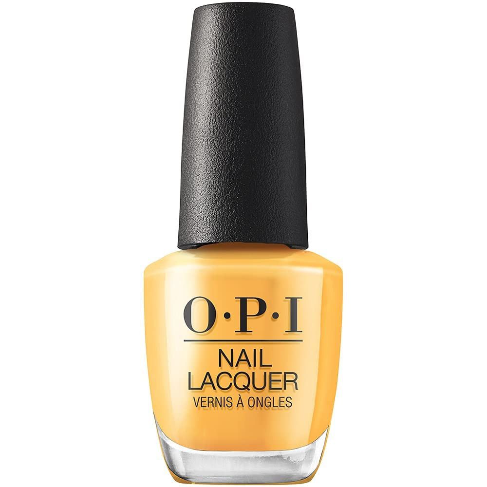 Gelbe Nagellackflasche mit schwarzem Deckel. Aufschrift: O.P.I NAIL LACQUER. Französische Beschriftung.