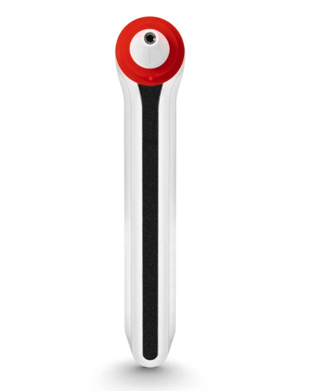 Weißes, längliches Thermometer mit rotem Sensorring und schwarzem Mittelstreifen. Kontaktloses Design.