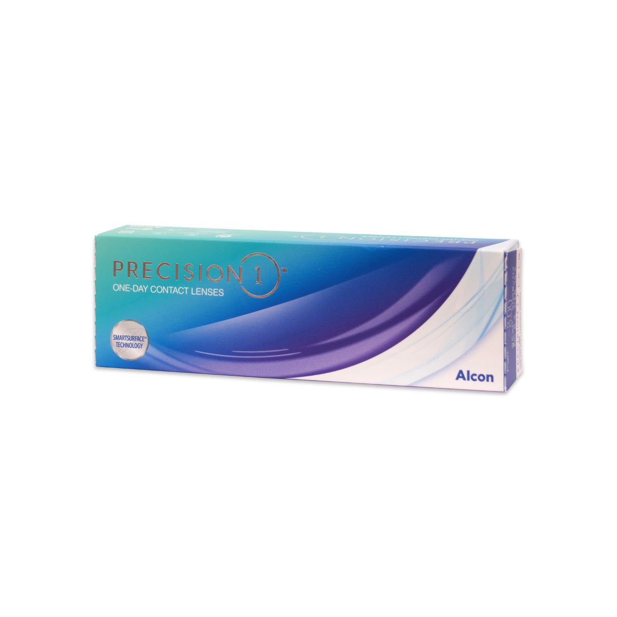 Dailies Precision1 Kontaktlinsen-Verpackung. Blaue und türkise Schachtel mit Produktnamen und Alcon-Logo.