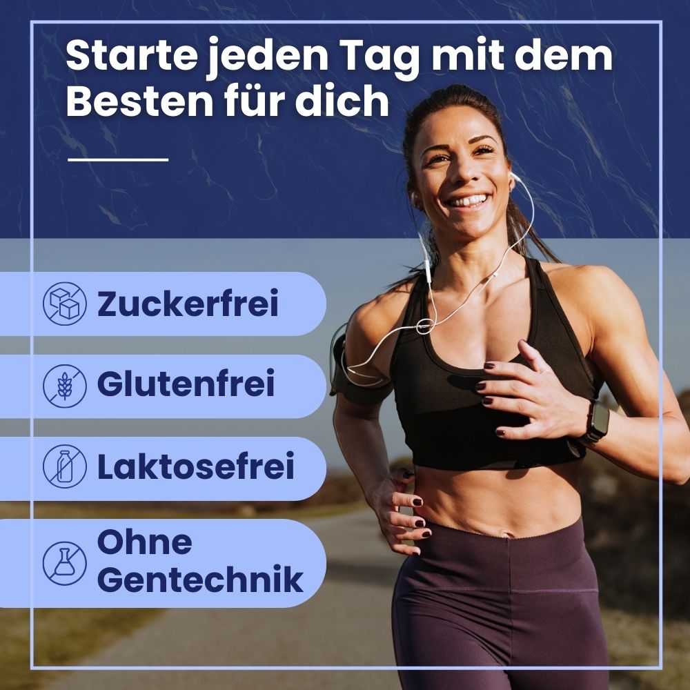 Läuferin. Text: Starte jeden Tag mit dem Besten für dich. Zuckerfrei, glutenfrei, laktosefrei, ohne Gentechnik.