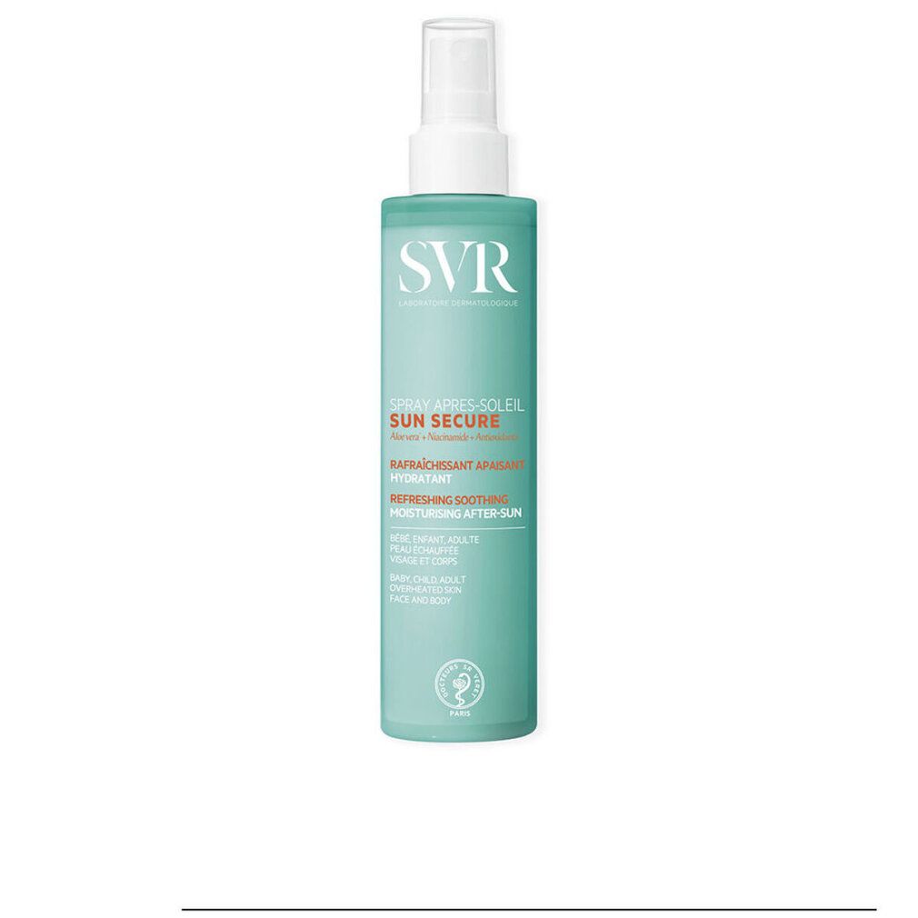 Türkisfarbene Sprühflasche mit weißem Pumpspender. Beschriftung: SVR Sun Secure After Sun.
