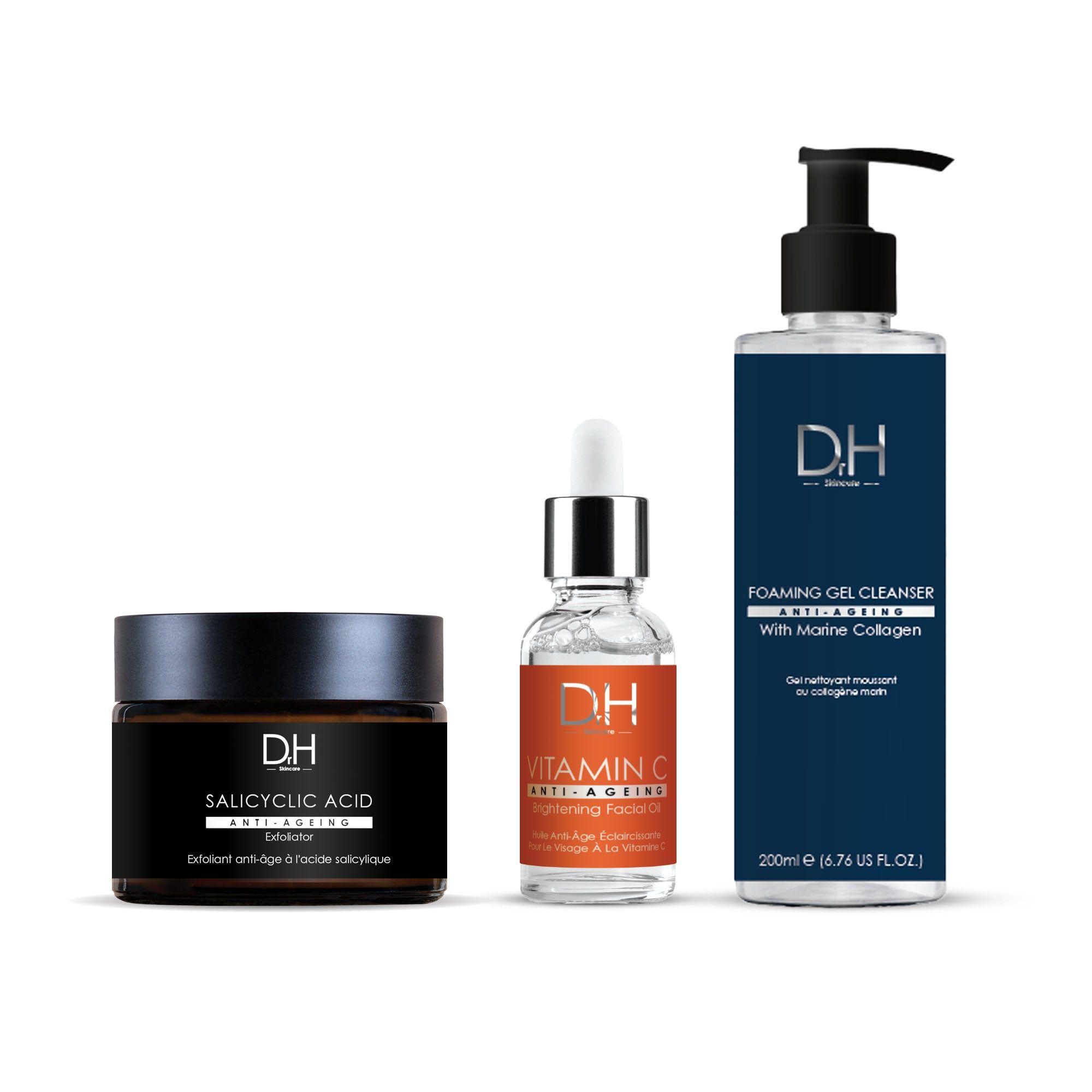 Drei Kosmetikprodukte: Tiegel mit Salicylsäure, Serum mit Vitamin C und Reinigungs-Gel mit Meereskollagen. Alle mit DH-Logo.