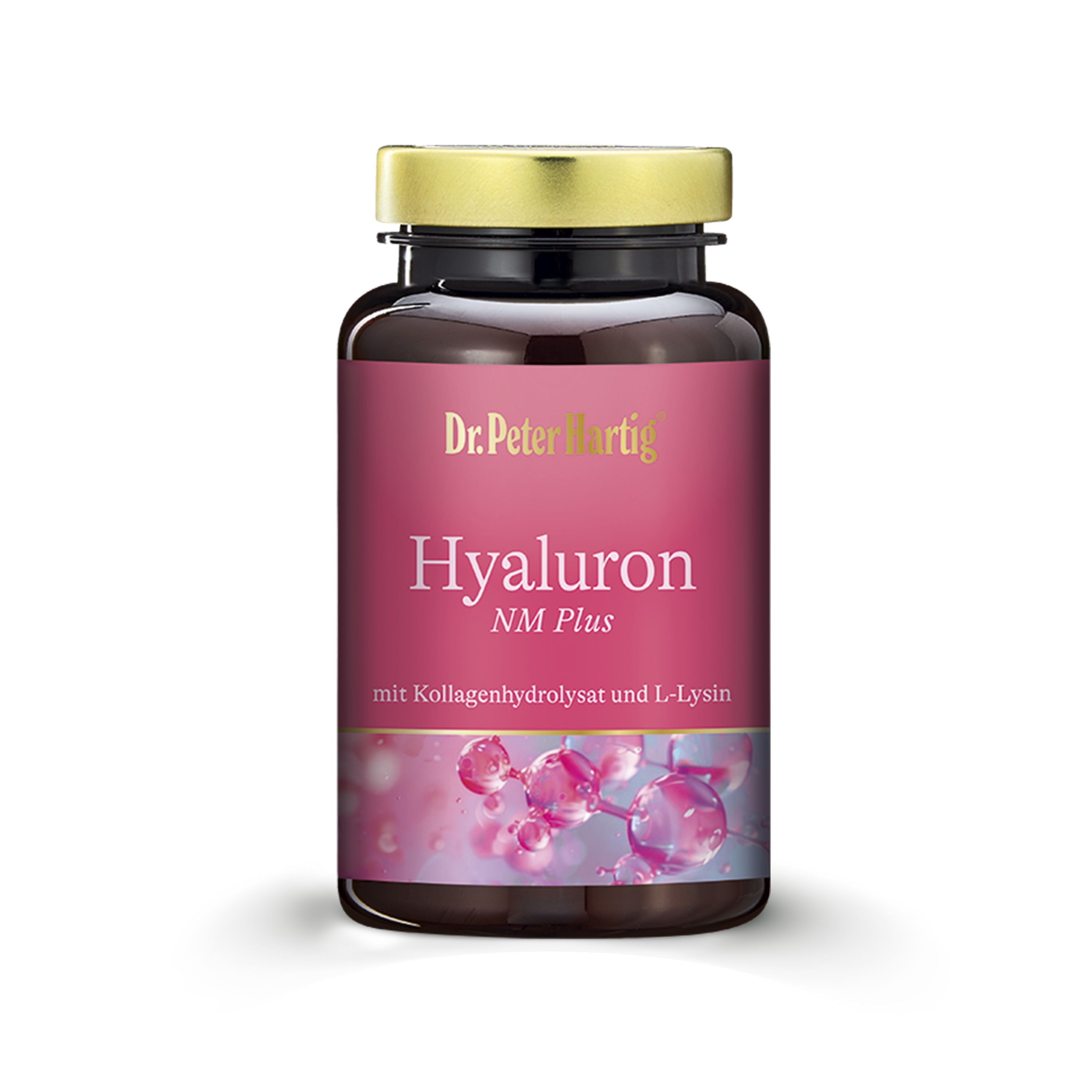 Braune Tablettenflasche mit goldfarbenem Deckel. Aufschrift: Dr. Peter Hartig Hyaluron NM Plus. Mit Kollagenhydrolysat und L-Lysin.