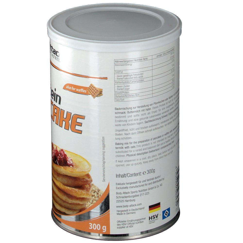 Zylinderdose mit Protein Pancake. Aufschrift: Auch für Waffeln. Rückseite mit Nährwertangaben und Inhaltsangabe: 300g.