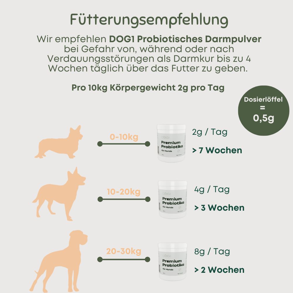 Grafik zur Fütterungsempfehlung. DOG1 Probiotisches Darmpulver. Pro 10kg Körpergewicht 2g pro Tag. Dosierlöffel = 0,5g. Hunde-Silhouetten mit Mengen.