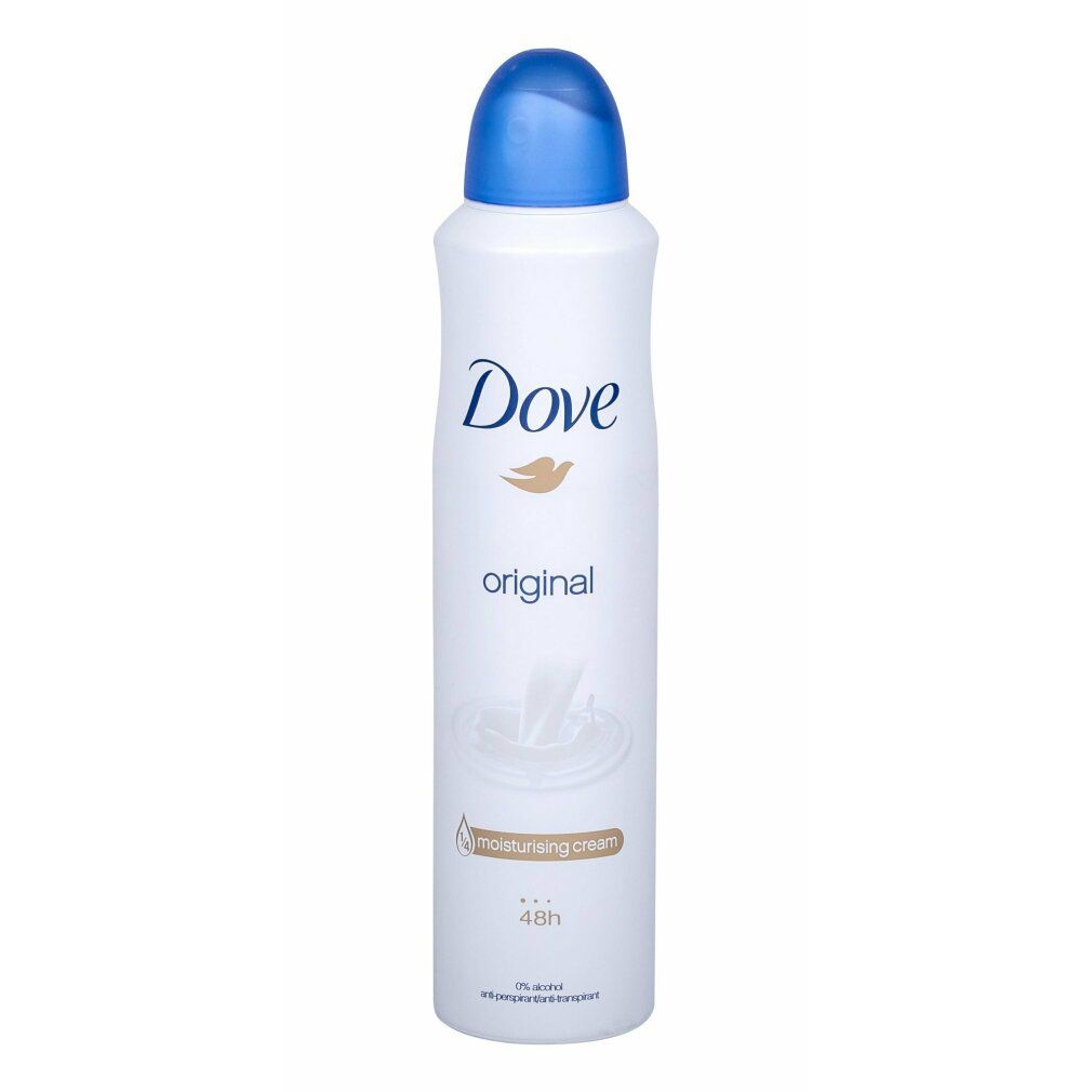 Dove Original Deodorant Spray. Weißes Spray mit blauem Deckel. Dove-Logo und 'Original' Schriftzug. 'Moisturising cream' Text.