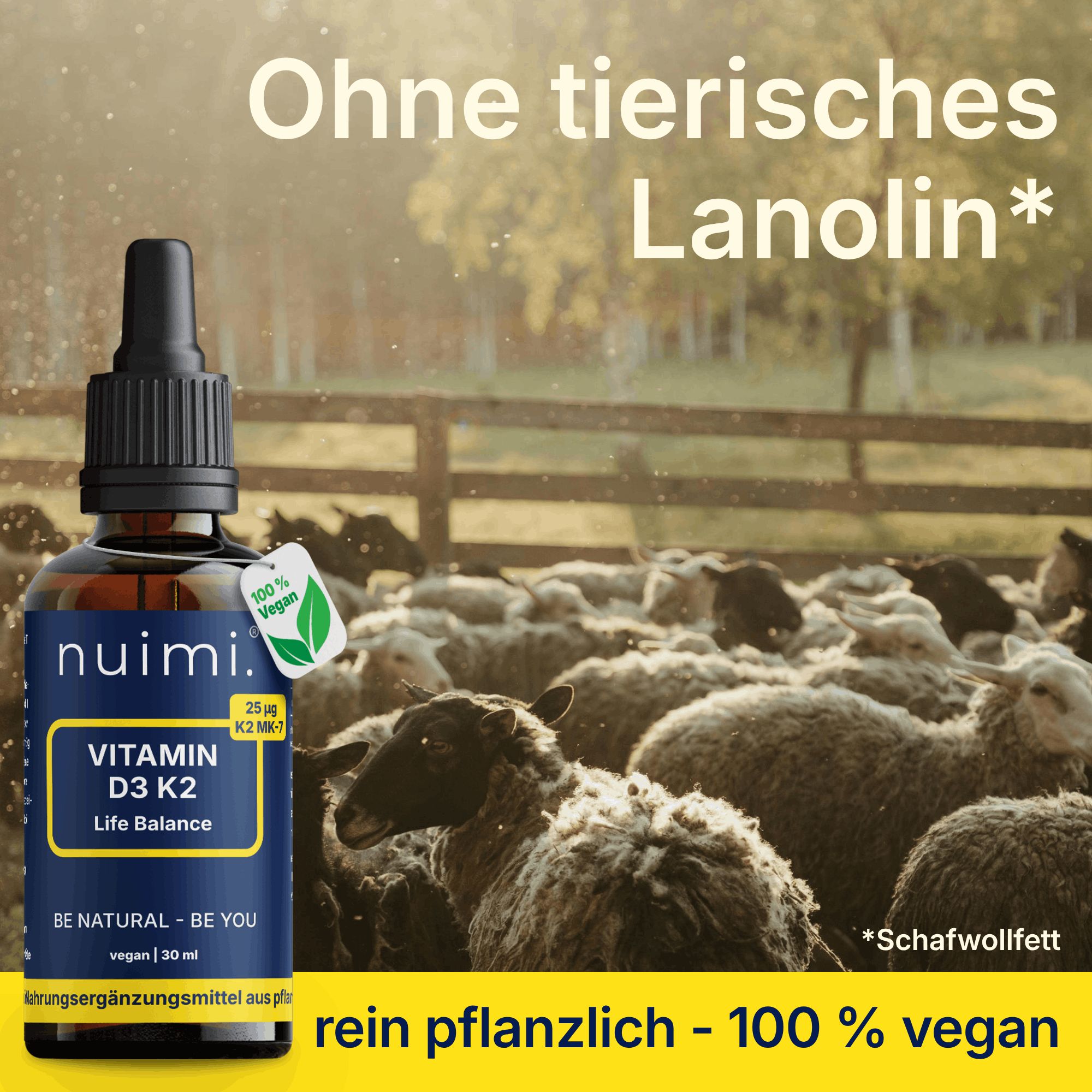 Braune Glasflasche mit Pipette, nuimi Vitamin D3 K2 Tropfen, 30 ml, vegan.