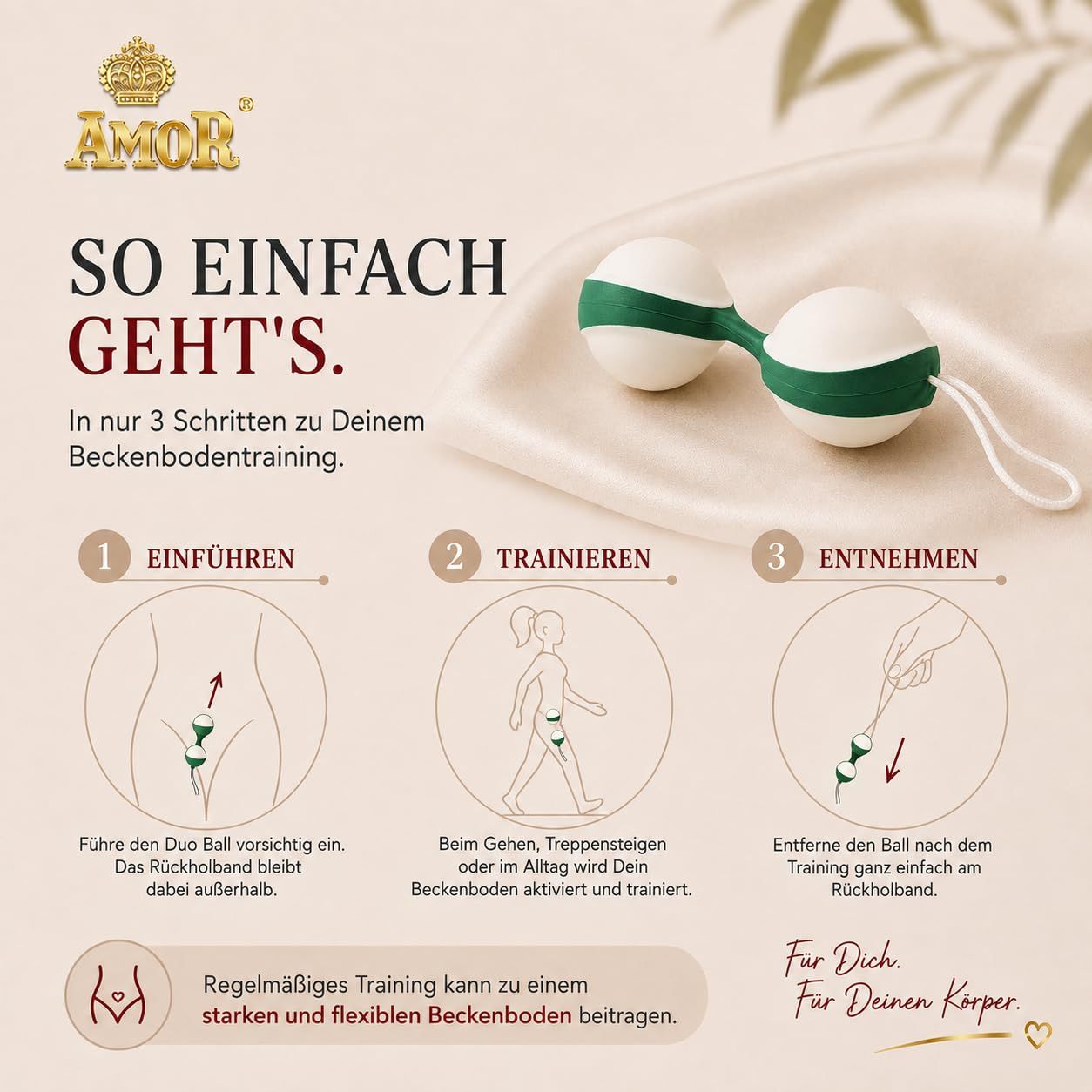 Duo-Beckenbodenkugel mit Schnur, weiß und grün, auf Podest.