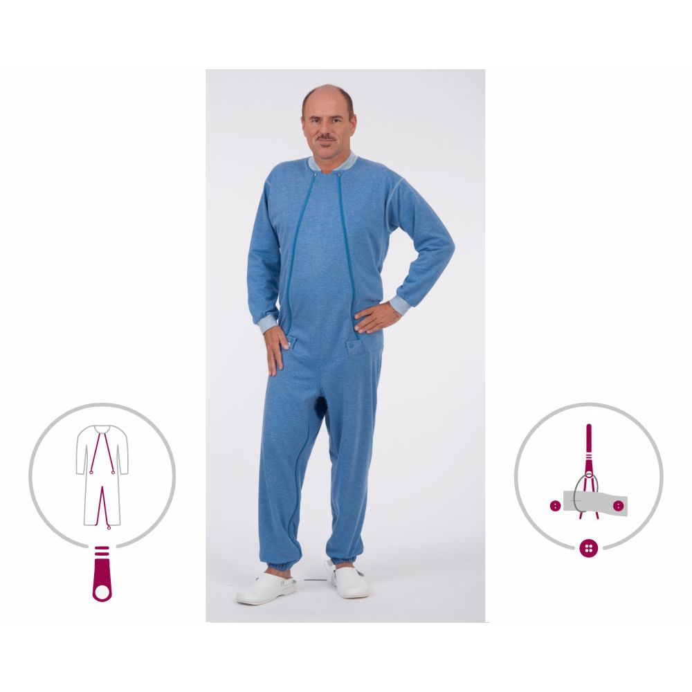 Pflegeoverall in Blau. Mann steht. Links und rechts Piktogramme: Overall mit Reißverschluss, Werkzeug.