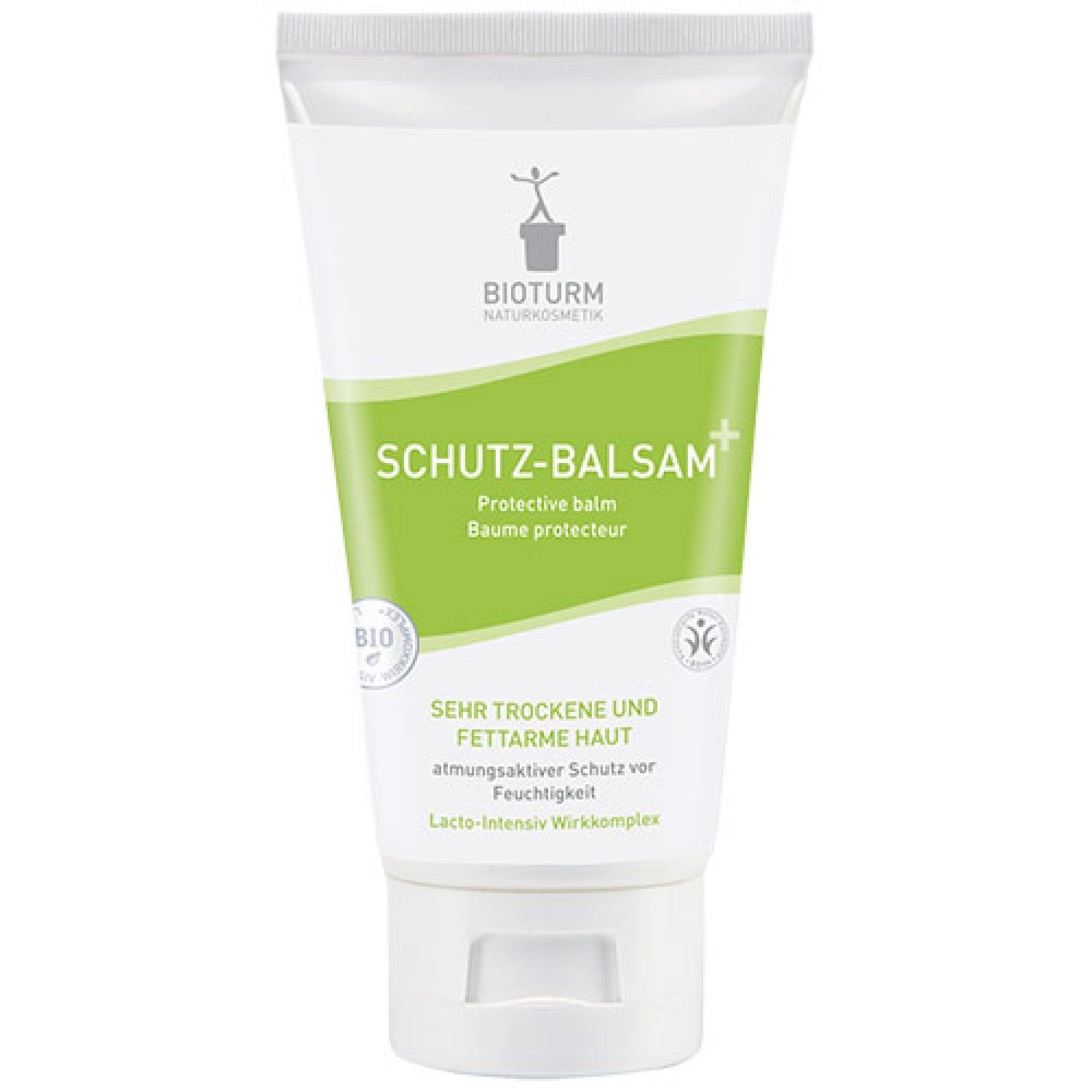 Weiße Tube mit grünem Streifen. Aufschrift: SCHUTZ-BALSAM, Protective balm, Baume protecteur. Logo: BIOTURM. Für sehr trockene Haut.