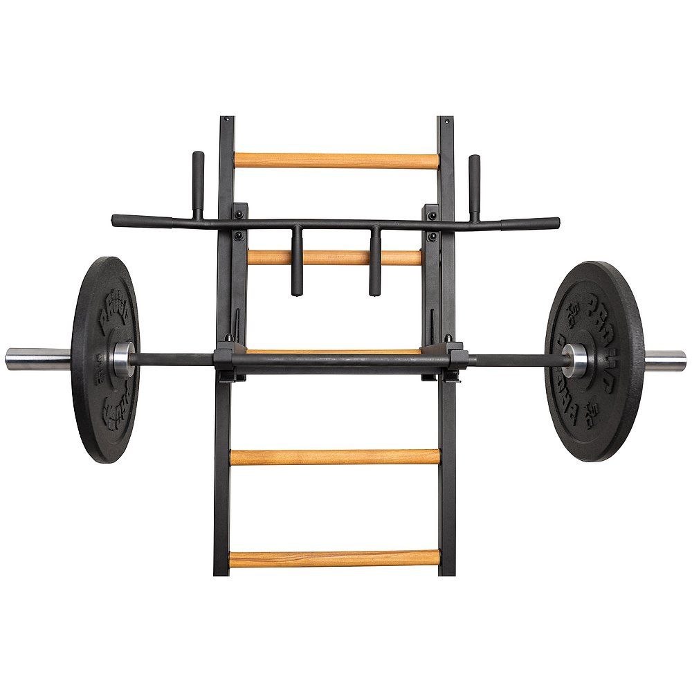 Fitness-System mit Sprossen, Klimmzugstange und Hantelstange. Schwarzer Rahmen, Holzsprossen. Hantelscheiben an der Stange.