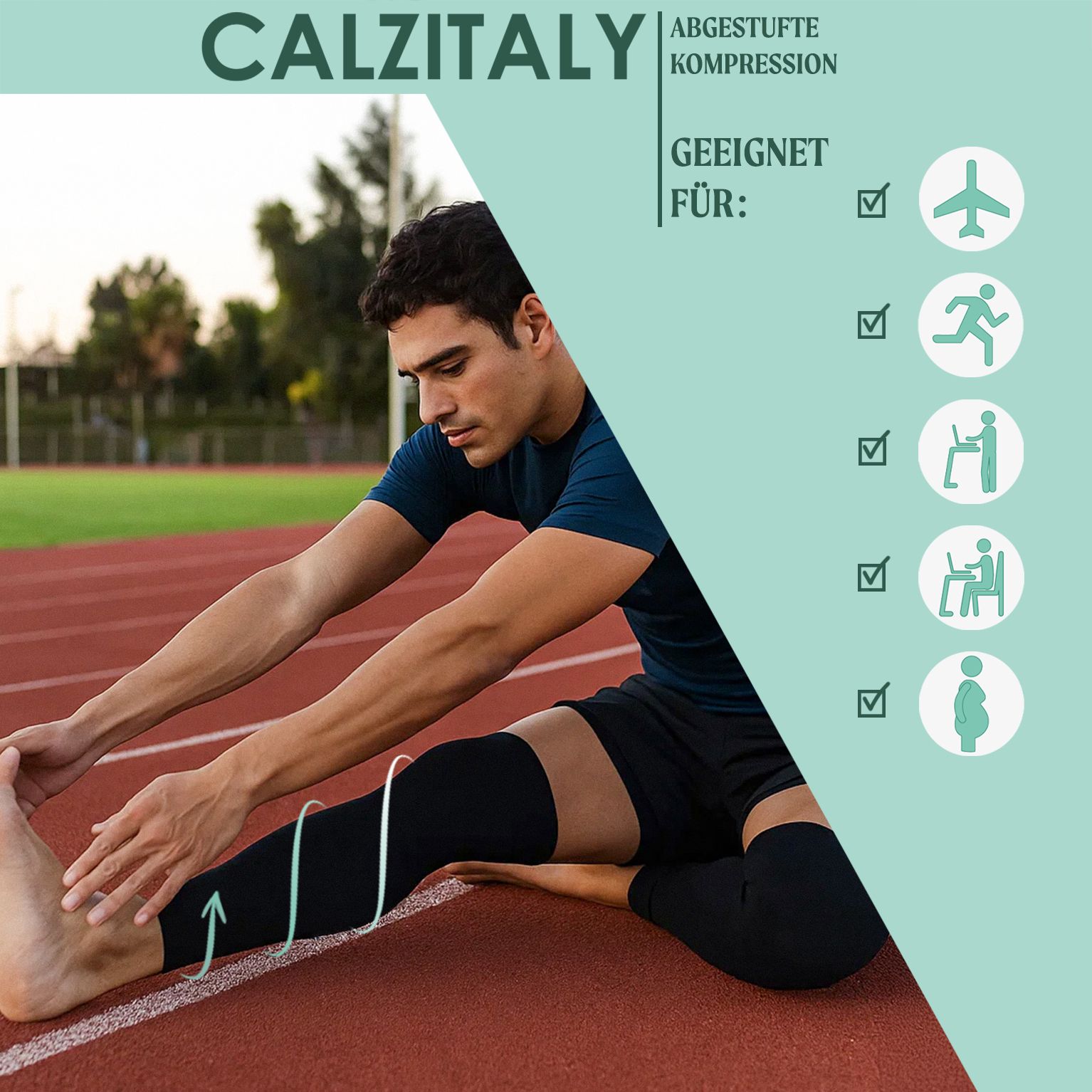 Mann dehnt sich mit schwarzen Beinlingen auf einer Rennstrecke. Geeignet für: