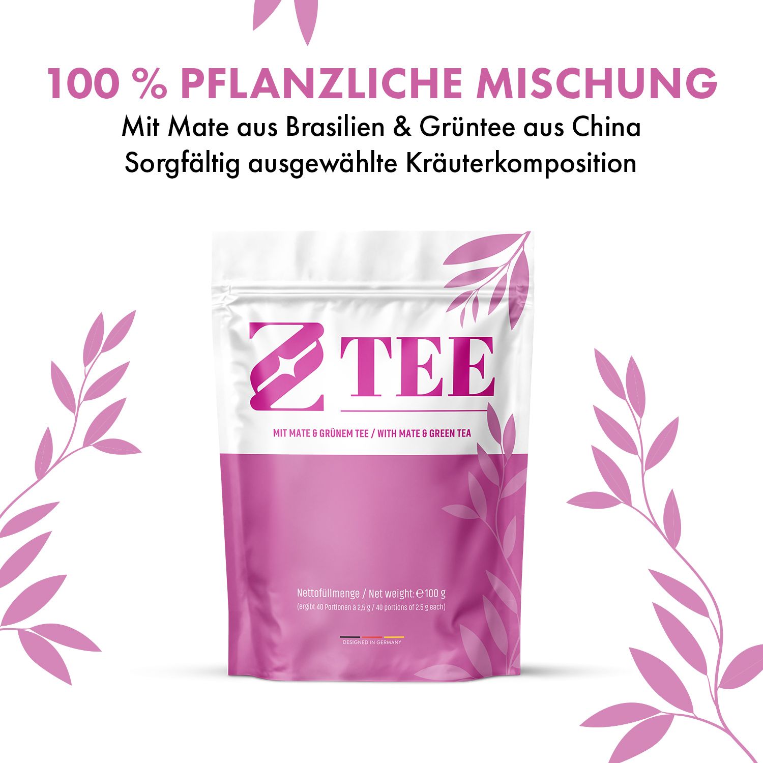 ZITEE Kräutertee-Mischung in pinker Standbodenbeutel-Verpackung, 100g.