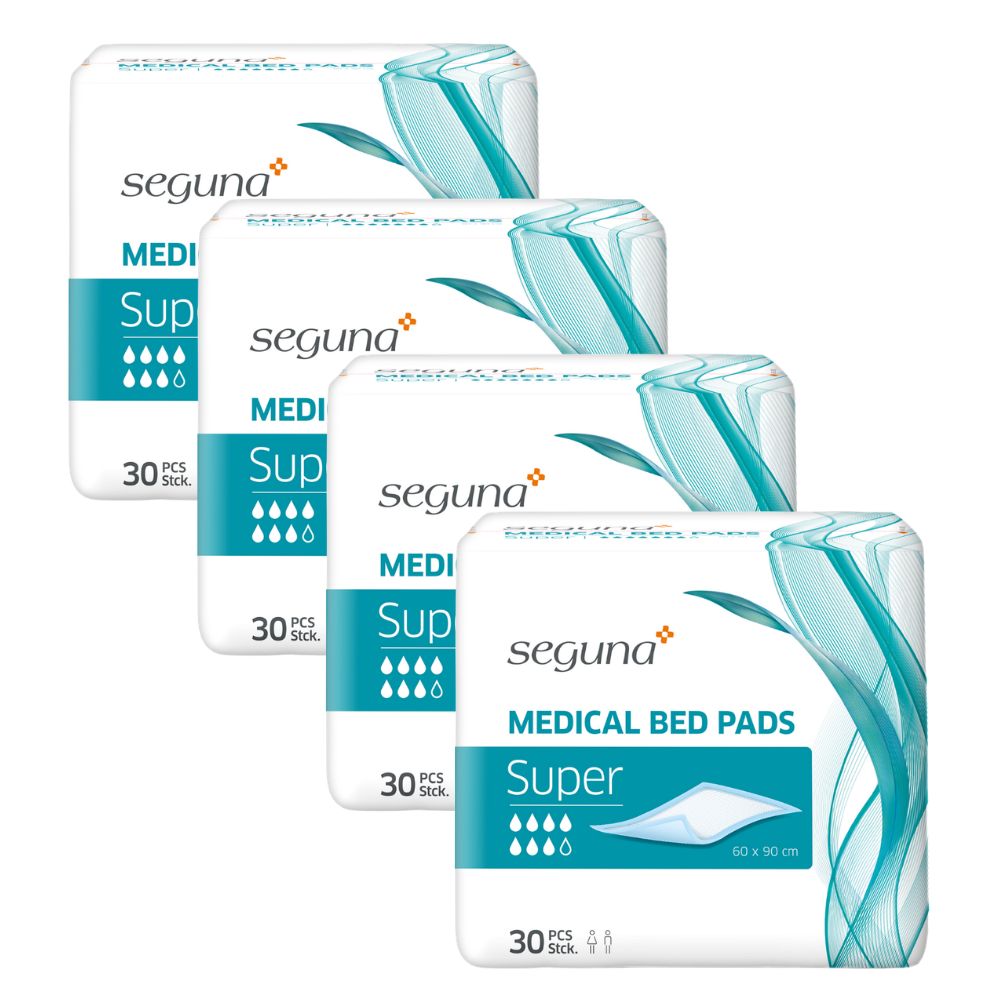 Vier Packungen SEGUNA Medical Bed Pads Super. Jede Packung enthält 30 Stück. Produktname, Super, 60x90 cm. Verpackung mit Logo.