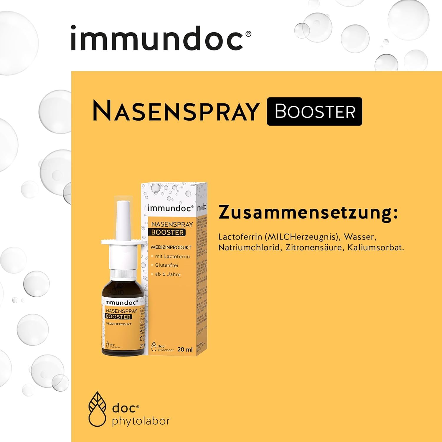Gelbe Grafik mit Text: Zum Schutz der Nasenschleimhaut. Mit Lactoferrin, zur Befeuchtung, glutenfrei, ab 6 Jahren.