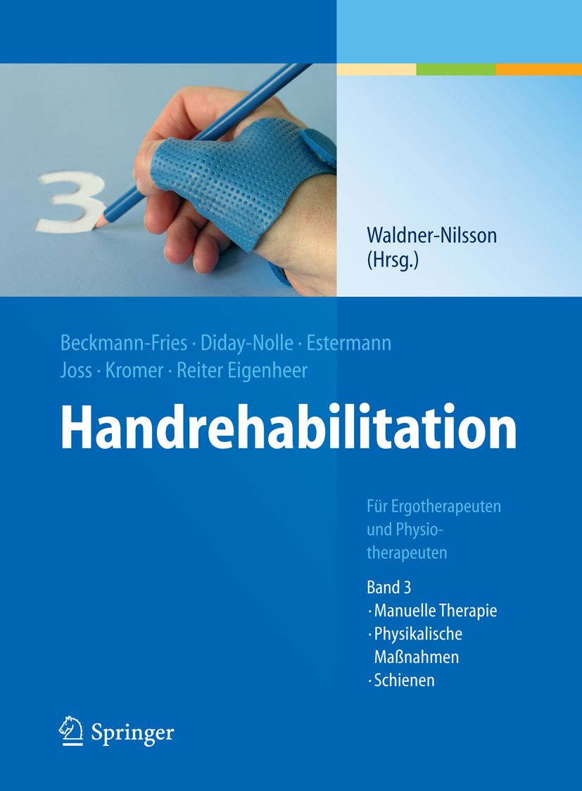 Buchcover: Handrehabilitation. Titel, Autoren, Springer-Logo. Hand mit blauem Hilfsmittel beim Schreiben mit Bleistift.