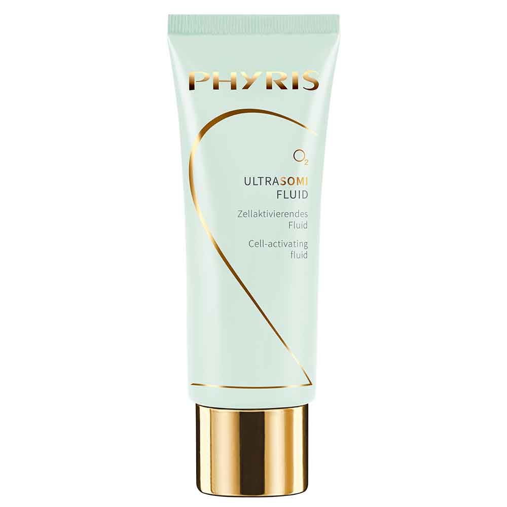 Tube mit grünem Hintergrund und goldenen Akzenten. Beschriftung: PHYRIS, ULTRASOMI FLUID, Zellaktivierendes Fluid, Cell-activating fluid.