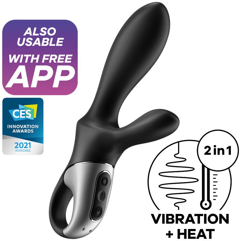 Schwarzer Analvibrator mit silberfarbenem Griff. Aufschrift: "Vibration + Heat". Logo: "2 in 1".