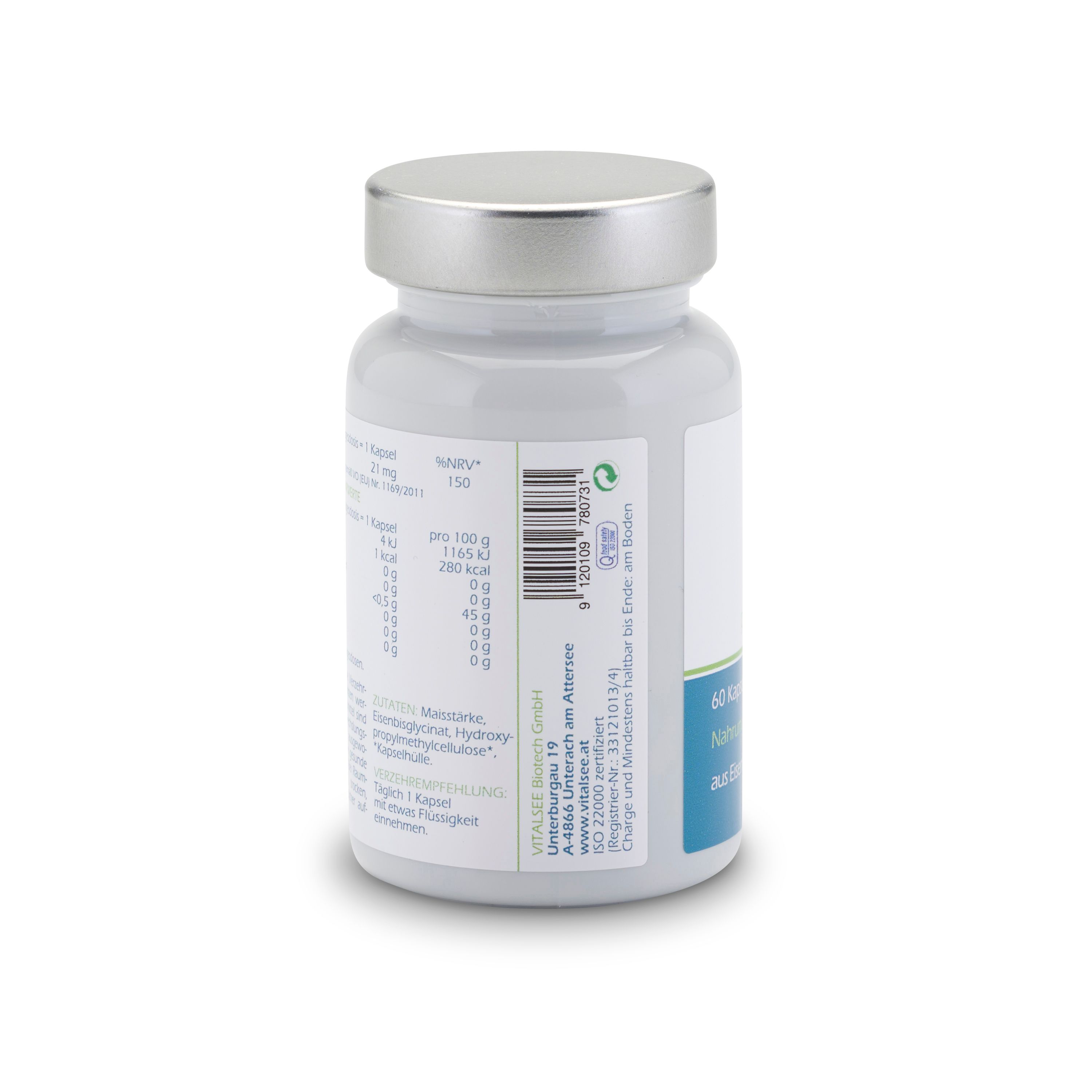 Rückseite der Flasche mit Barcode und Nährwertangaben. Silberner Deckel. Text in deutscher Sprache.