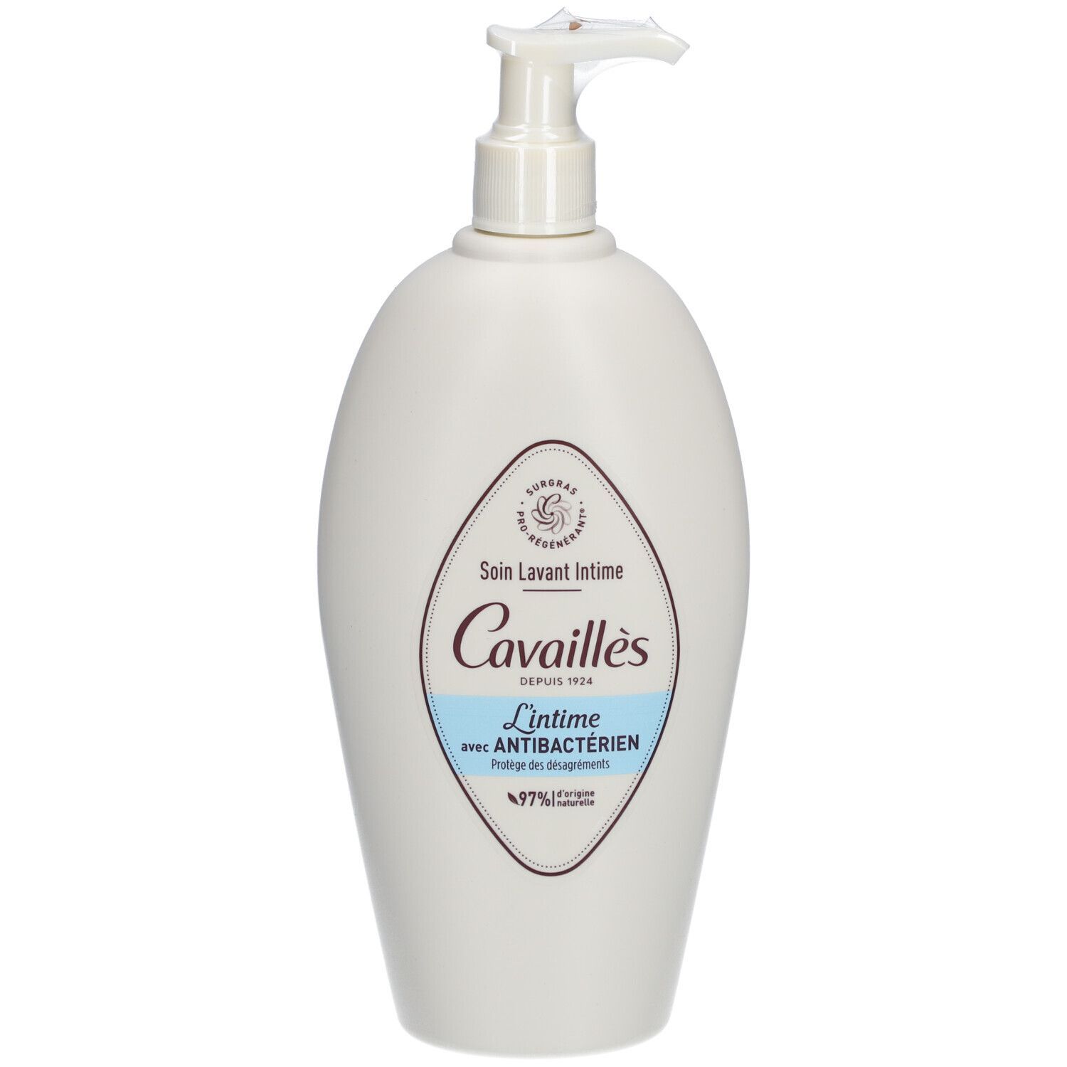 Weiße Flasche mit Spender. Aufschrift: Rogé Cavaillès, Intimwaschlotion mit Anti-Bakterien. Logo mit 97% Inhaltsstoffen natürlichen Ursprungs.
