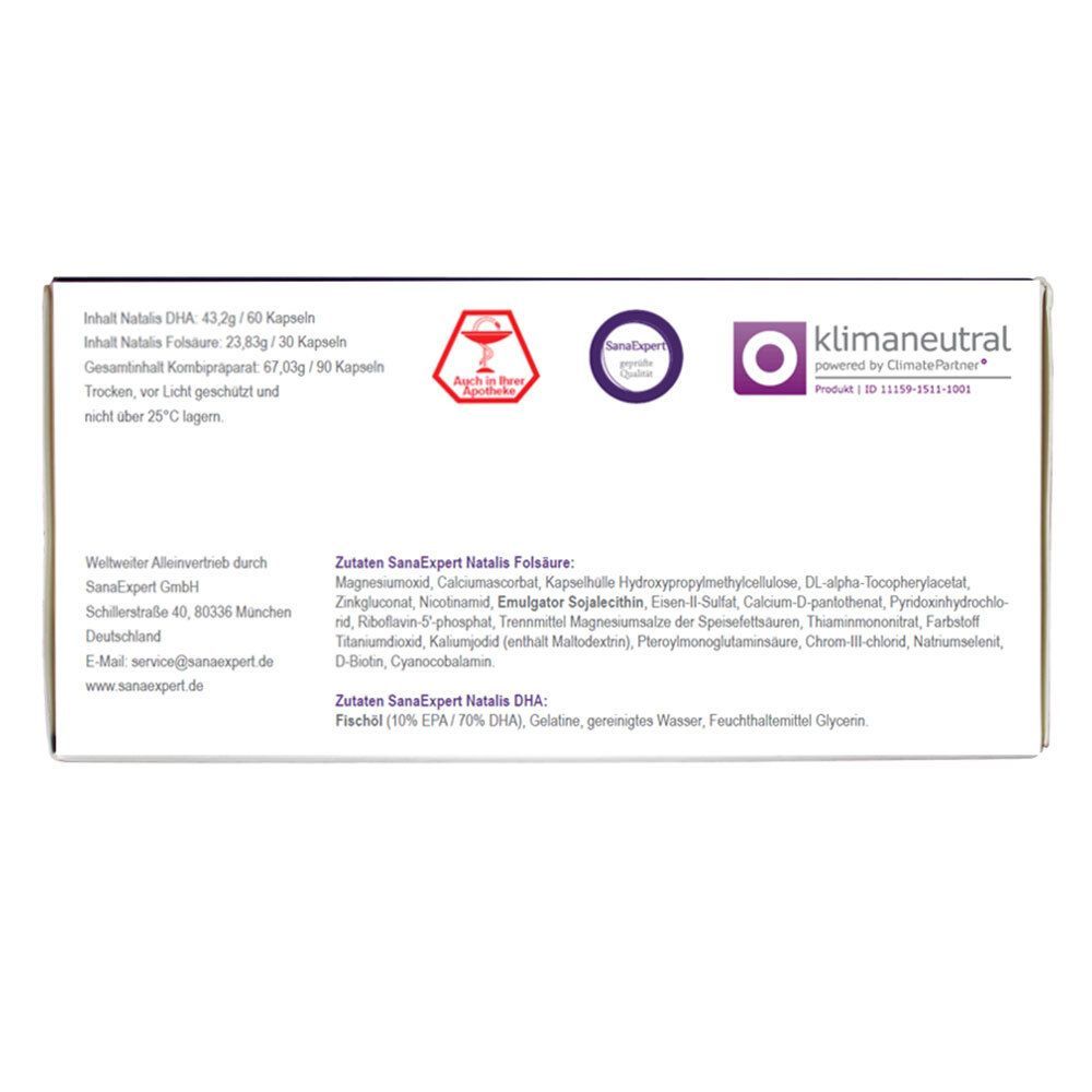Rückseite der SanaExpert NATALIS-Verpackung. Inhaltsstoffe, Logo, klimaneutrales Siegel. Text in Deutsch.