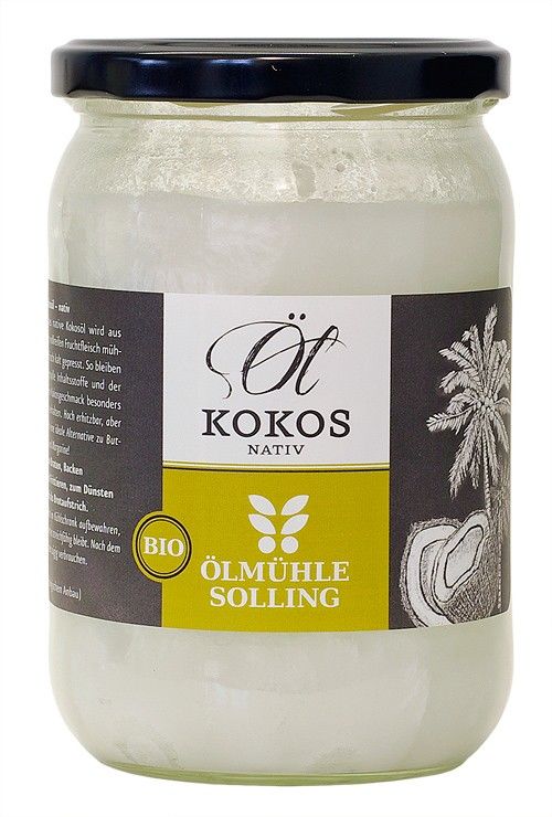 Glas mit Kokosöl. Schwarzer Deckel. Etikett mit Schriftzug KOKOS nativ, Bio-Siegel und Logo Ölmühle Solling.