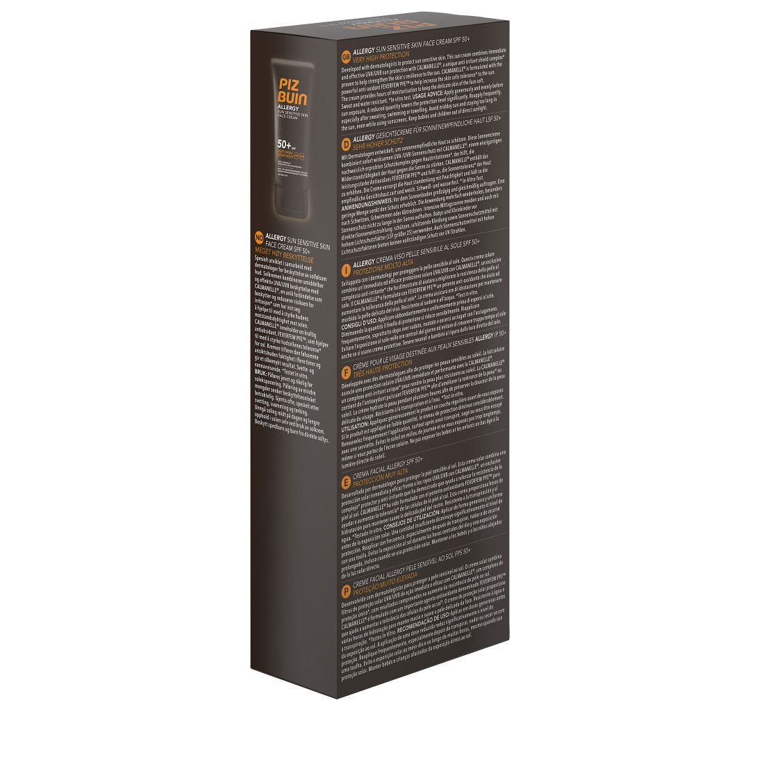 Schachtel mit Text. Aufschrift: Piz Buin Allergy, Sonnenschutz. Enthält Produktinformationen und Anweisungen.