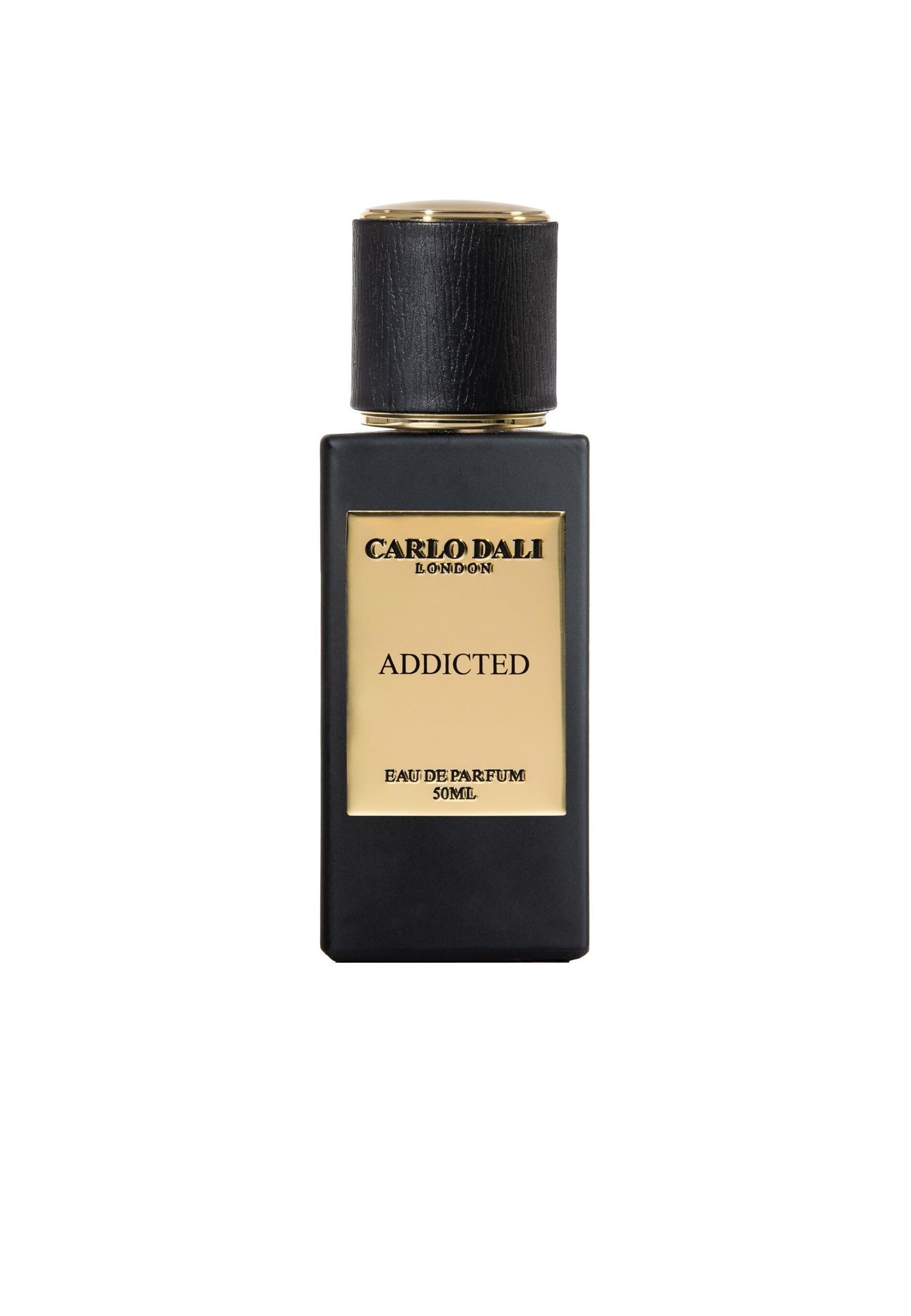 Schwarze Parfümflasche CARLO DALI ADDICTED. Goldfarbene Details. Aufschrift: Eau de Parfum 50ml.