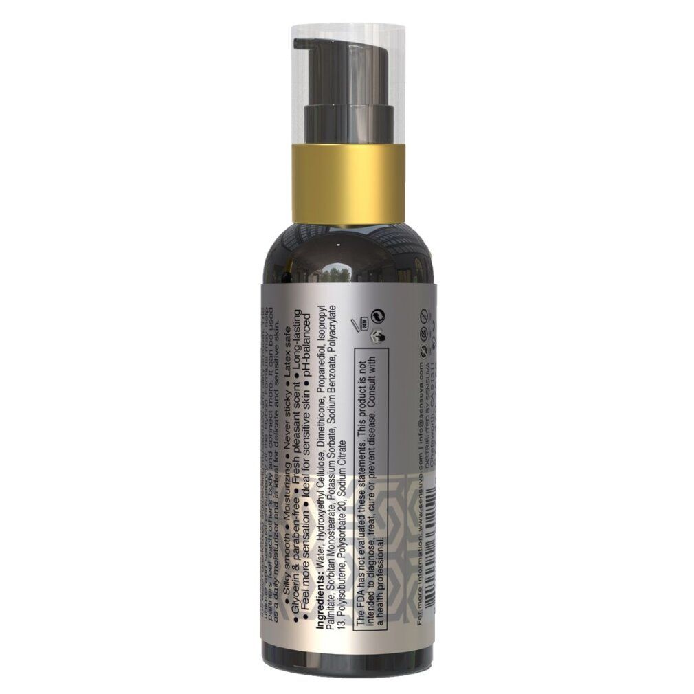 Rückseite einer dunklen Flasche mit goldfarbenem Deckel. Enthält Inhaltsstoffe und Warnhinweise. Marke: Sensuva.