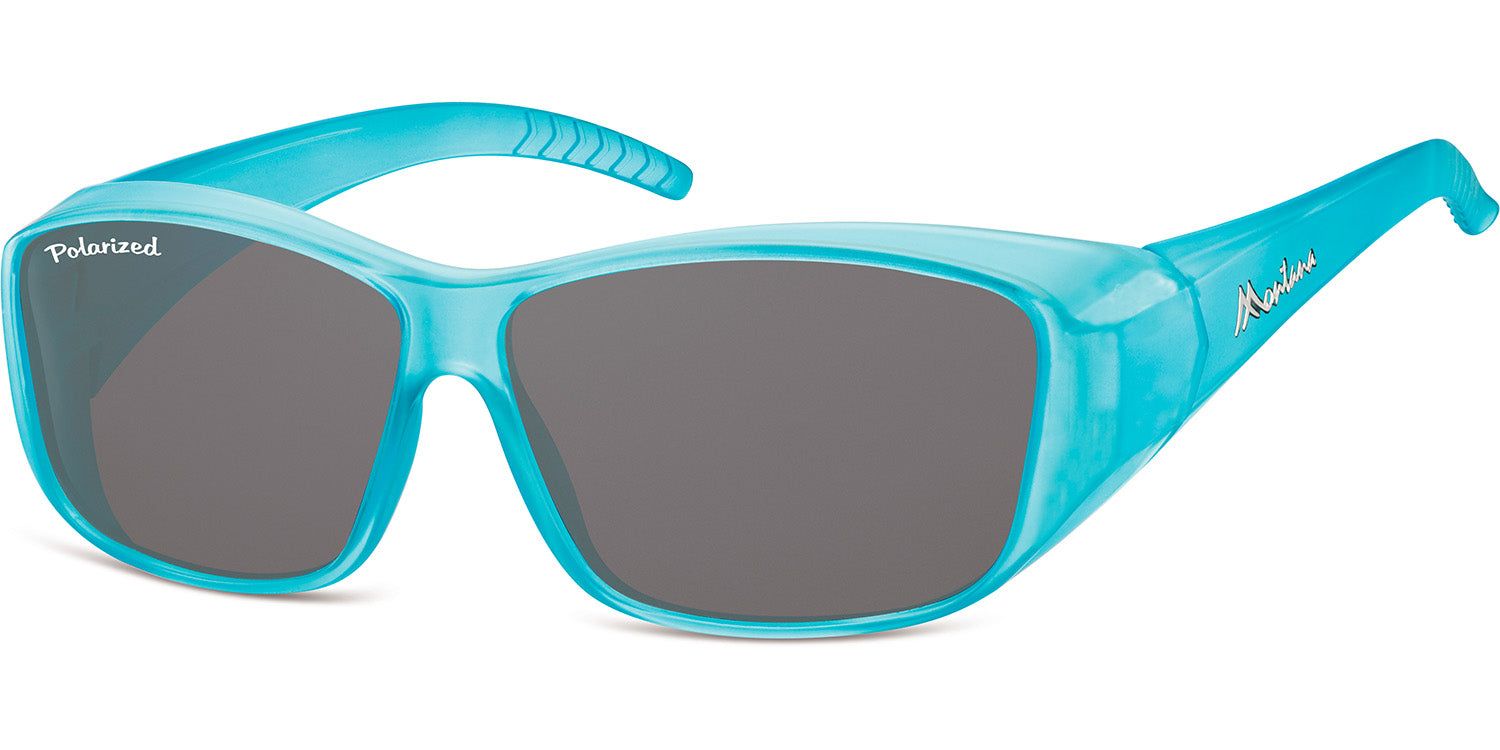 Türkisfarbene Sonnen-Überbrille mit grauen Gläsern. Auf dem linken Glas steht 'Polarized'. Am Bügel steht 'Montana'.