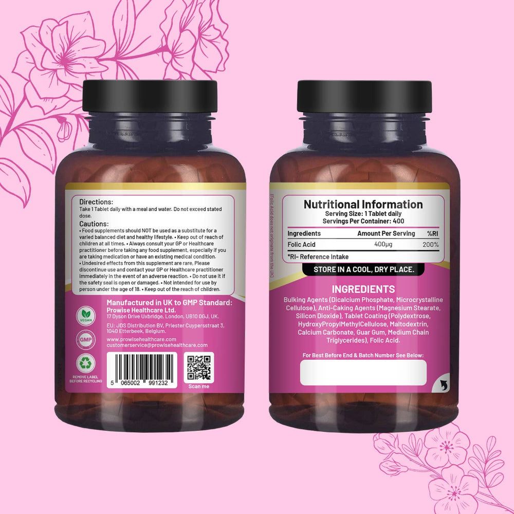 Rückseite und Vorderseite der Flasche mit Folsäuretabletten. Enthält Informationen zu Anwendung, Inhaltsstoffen und Nährwerten. Herstellerinformationen.