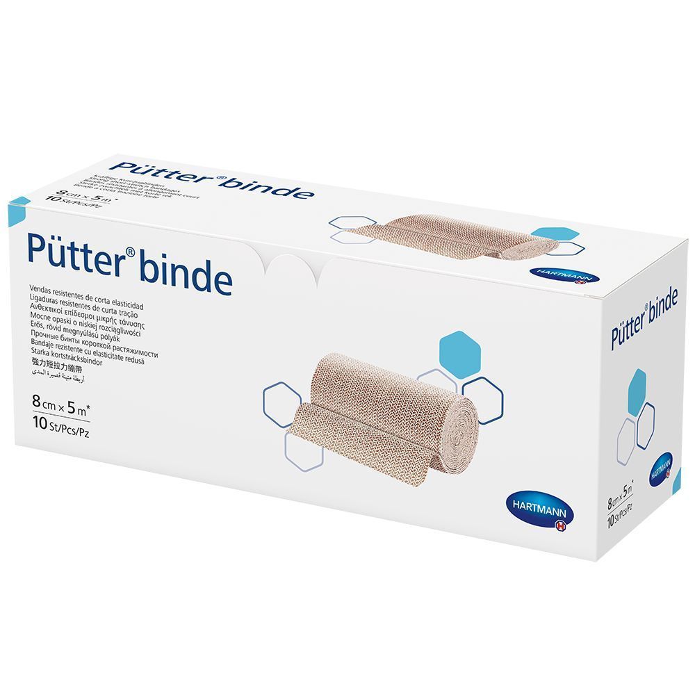 Hartmann Pütterbinde® in Verpackung. Weiße Schachtel mit Produktname und Logo. Bandagenrolle abgebildet. Größe: 8 cm x 5 m, 10 Stück.