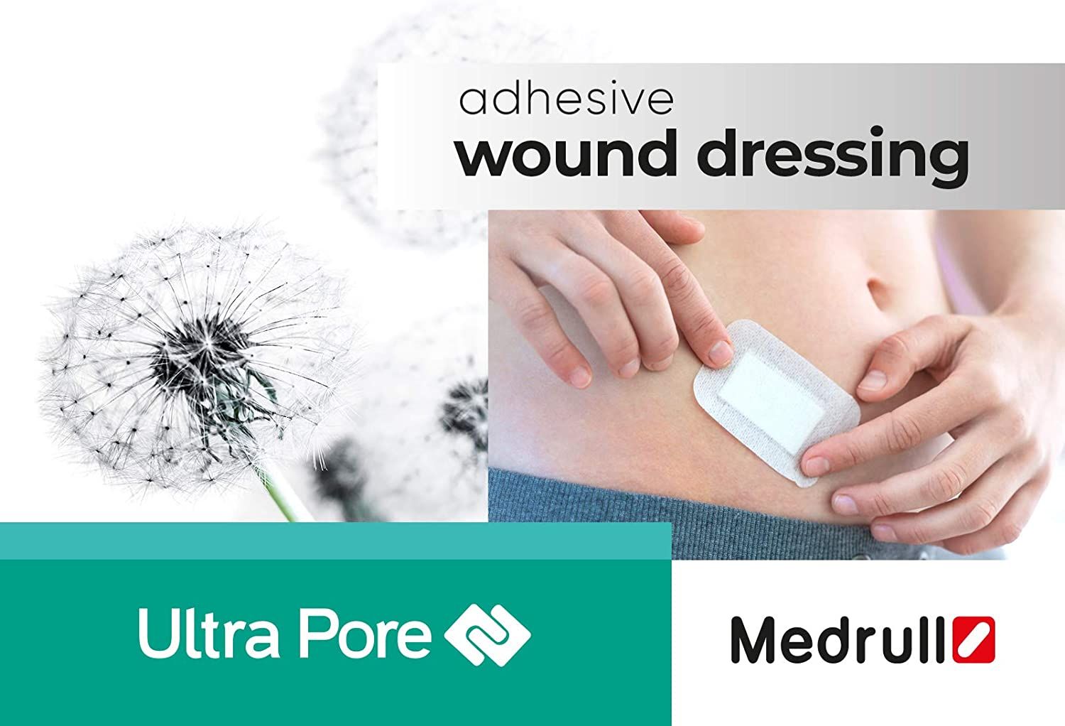 Werbung für Ultra Pore Wundpflaster. Zeigt eine Person, die ein Pflaster auf dem Bauch anbringt. Logo Medrull.