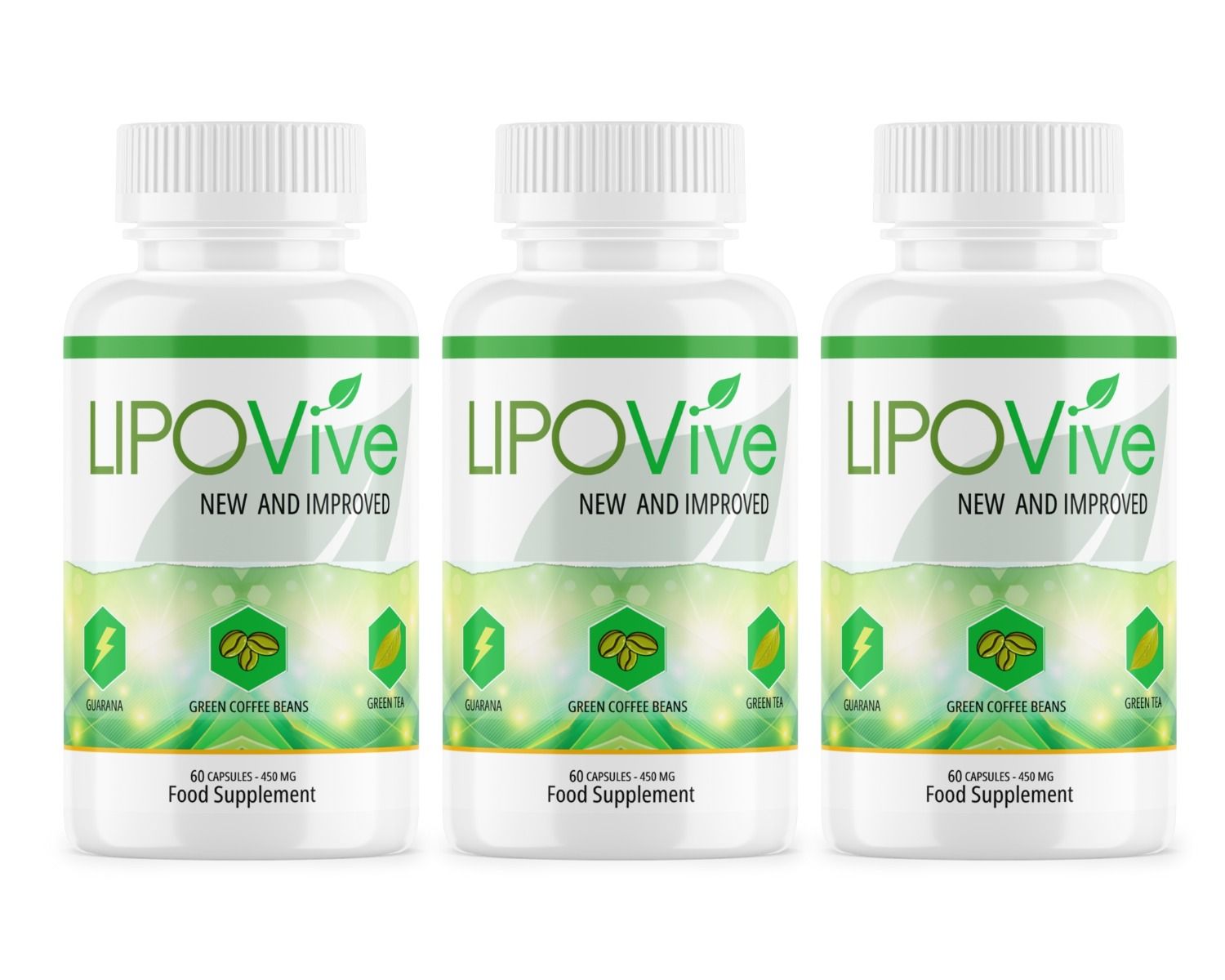 Drei weiße Flaschen mit grünem Etikett. Aufschrift: LIPO Vive, NEW AND IMPROVED. Enthält 60 Kapseln. Symbole für Guarana, grüne Kaffeebohnen, Mate.