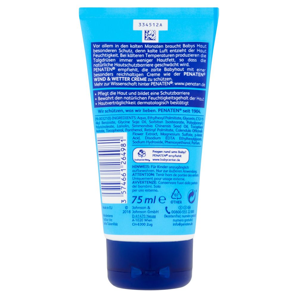 Rückseite einer hellblauen Tube. Text: Inhaltsstoffe, 75 ml, Warnhinweise. Marke: PENATEN.