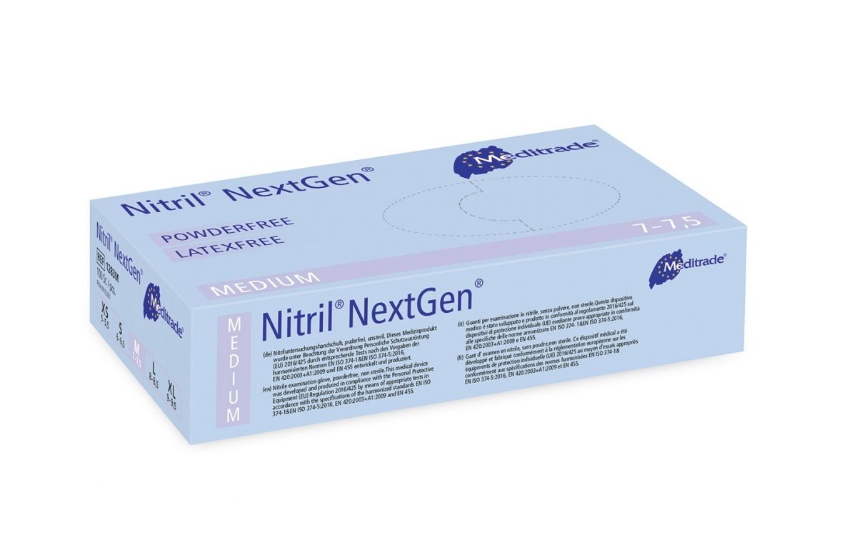 Hellblaue Box mit "Meditrade Nitril NextGen"-Handschuhen. Aufschrift: "Powderfree Latexfree". Größe: Medium.