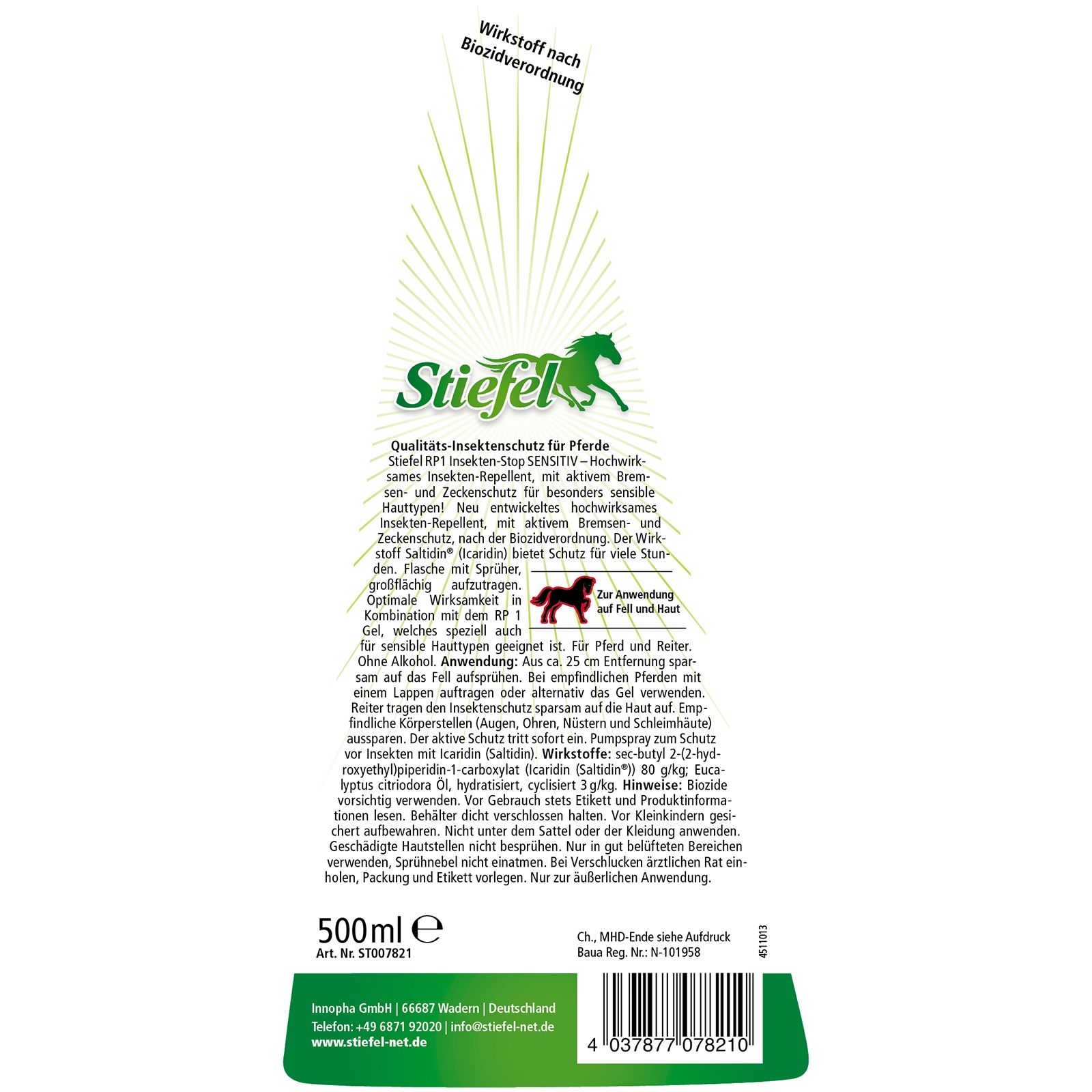 Rückseite einer weißen Flasche. Text: Stiefel RP1 Insekten-Stop Sensitiv. Informationen zum Produkt und Inhaltsstoffen.