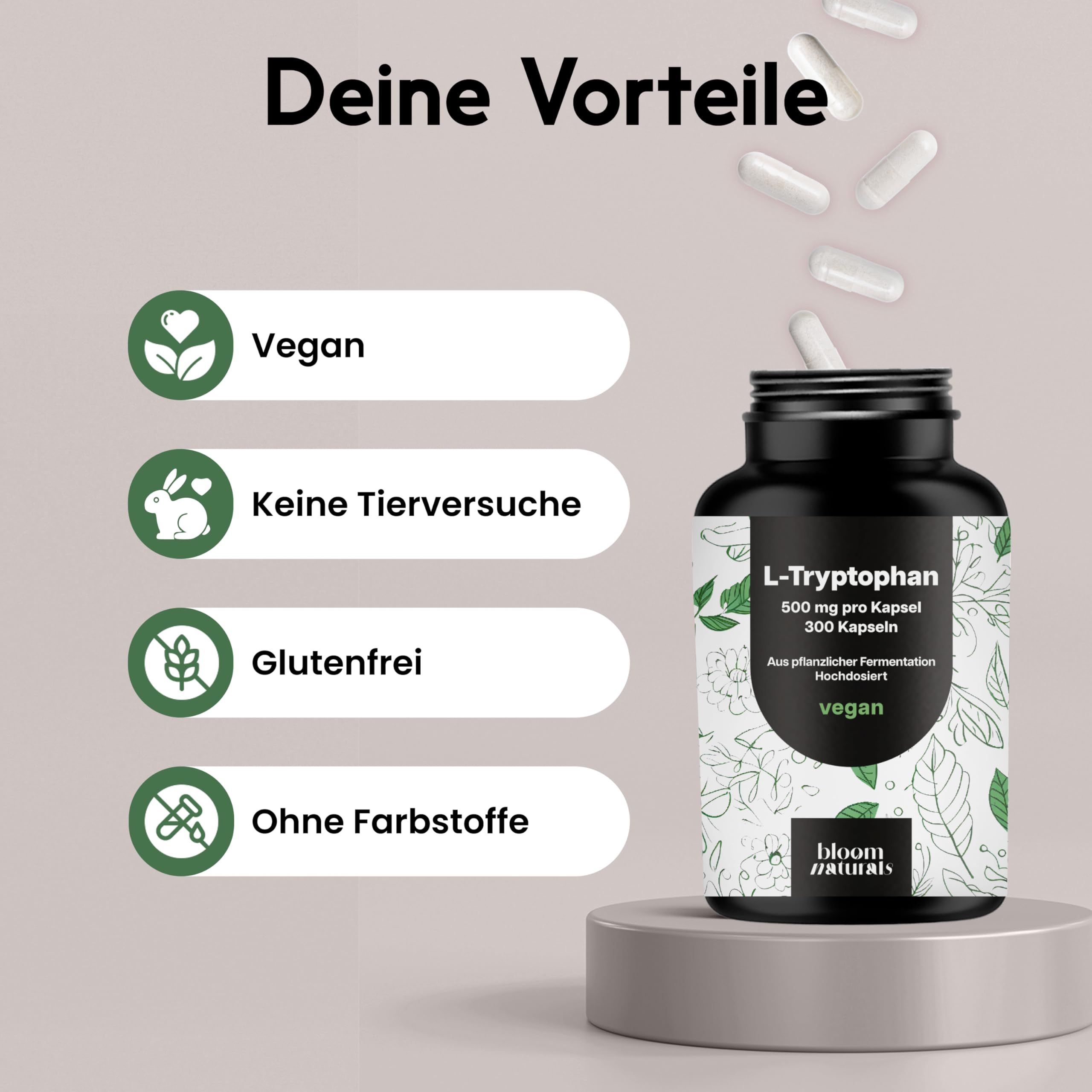 Vorteile: Vegan, tierversuchsfrei, glutenfrei, farbstofffrei. Dose L-Tryptophan.