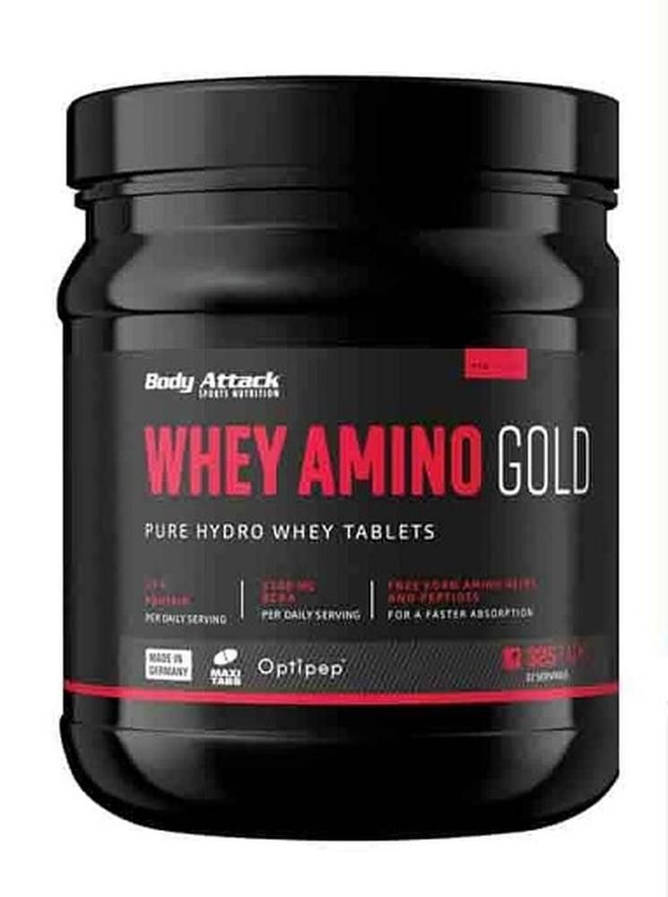 Schwarzer Behälter mit Body Attack Whey Amino Gold, reine Hydro Whey Tabletten.