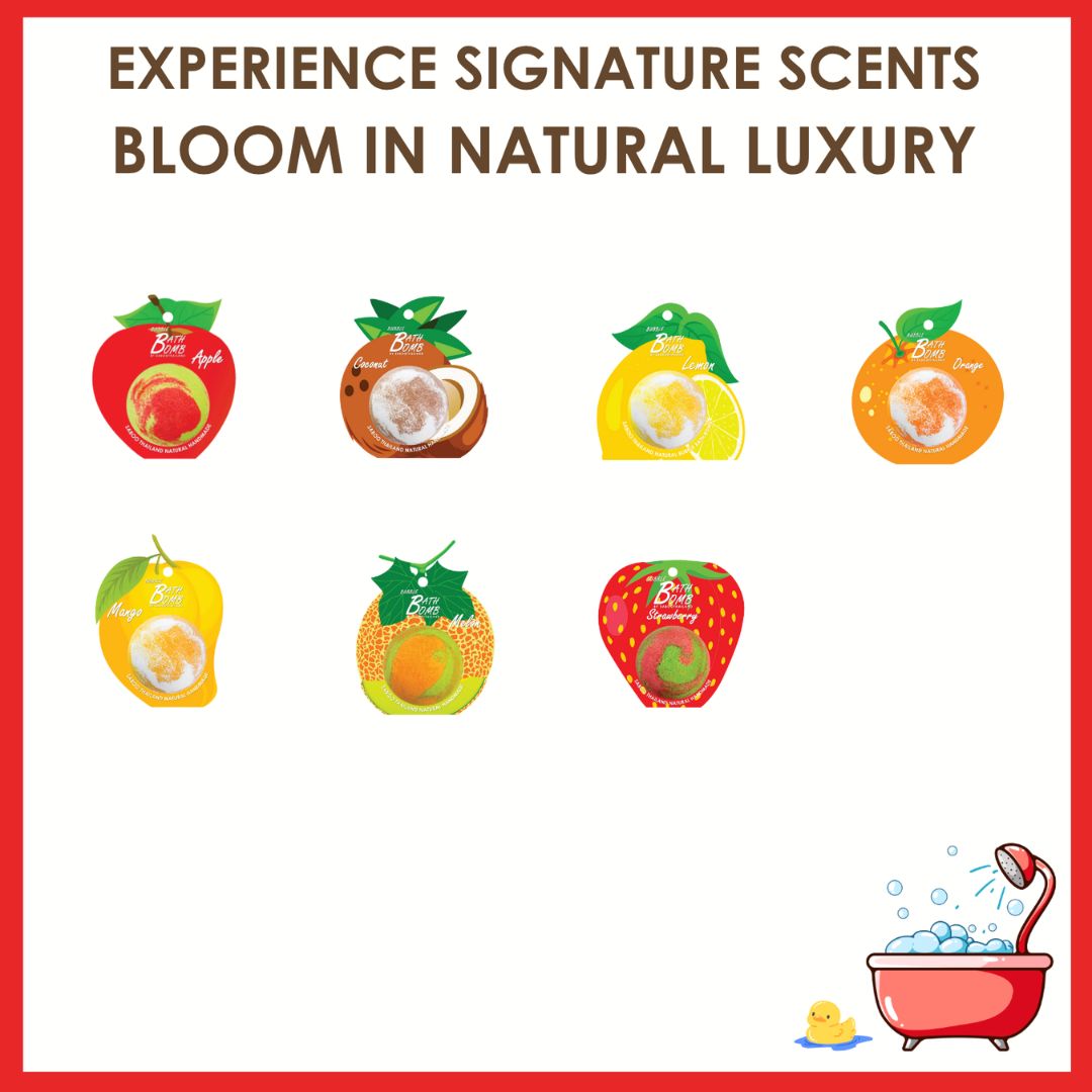 Verschiedene Bad Bomben. Text: EXPERIENCE SIGNATURE SCENTS BLOOM IN NATURAL LUXURY. Text: Apple, Coconut, Lemon, Orange.