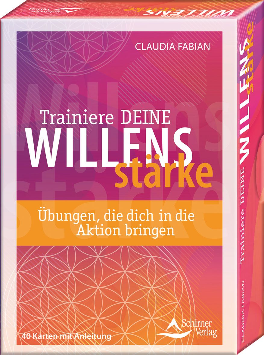 Kartenbox mit Titel "Trainiere DEINE WILLENSstärke". Autorin: Claudia Fabian. Enthält 40 Karten mit Anleitung. Schirner Verlag.