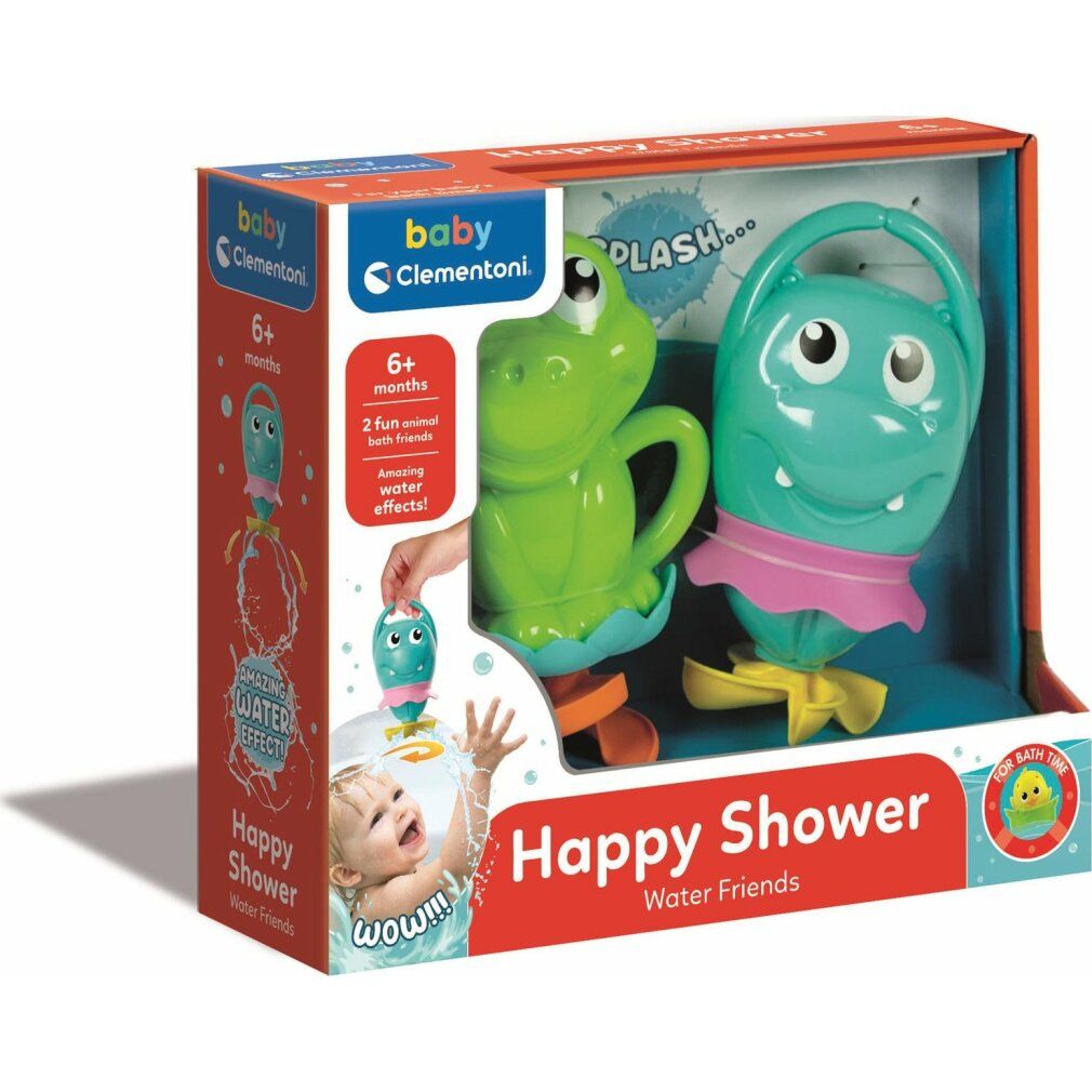 Spielzeug für die Badetiere. Zwei bunte Figuren in einer Verpackung. Ein grünes Krokodil und ein blaues Nilpferd mit Griff.