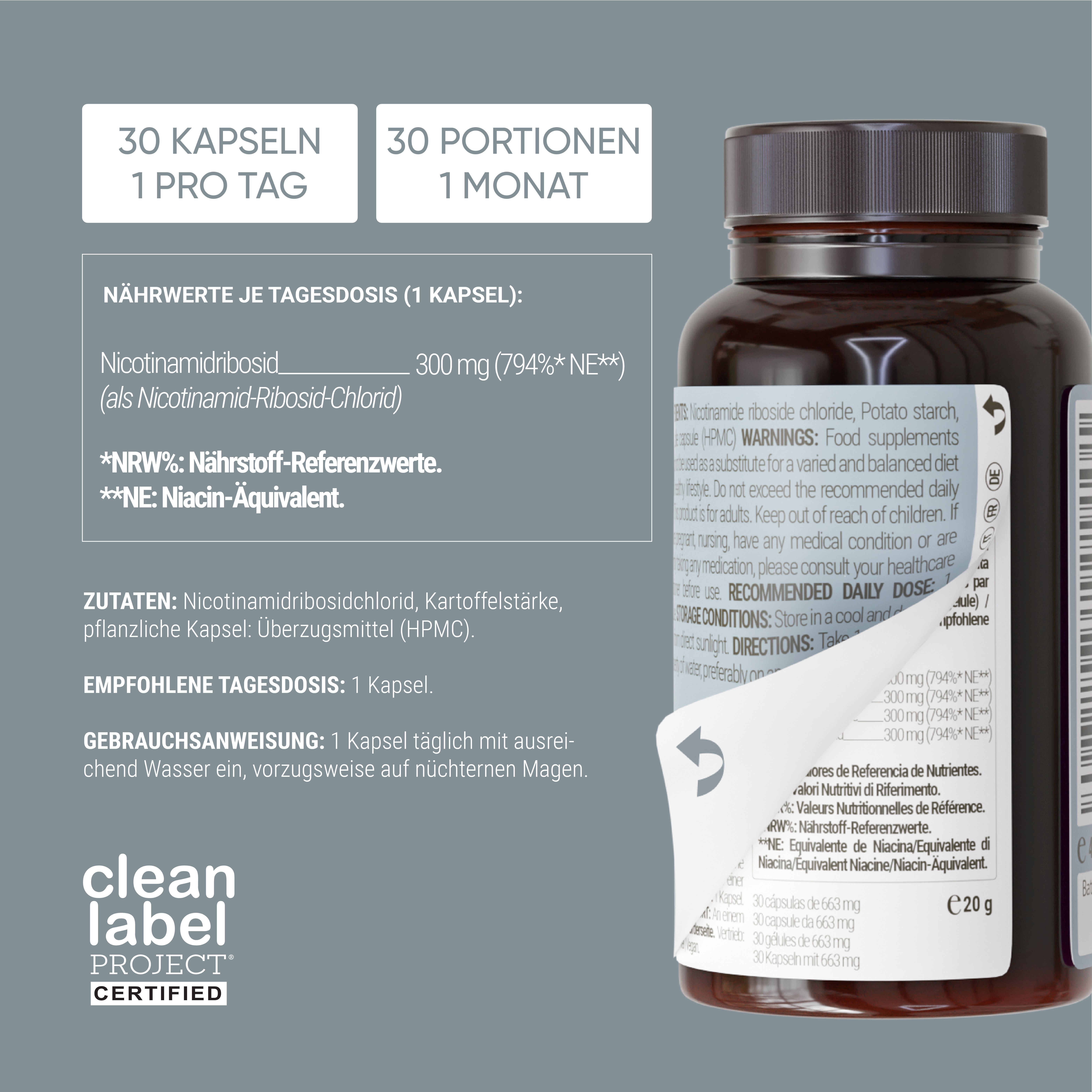 Nahrungsergänzungsmittel-Flasche. Text: 30 Kapseln, 1 pro Tag. Clean Label Project zertifiziert. Inhaltsstoffe.