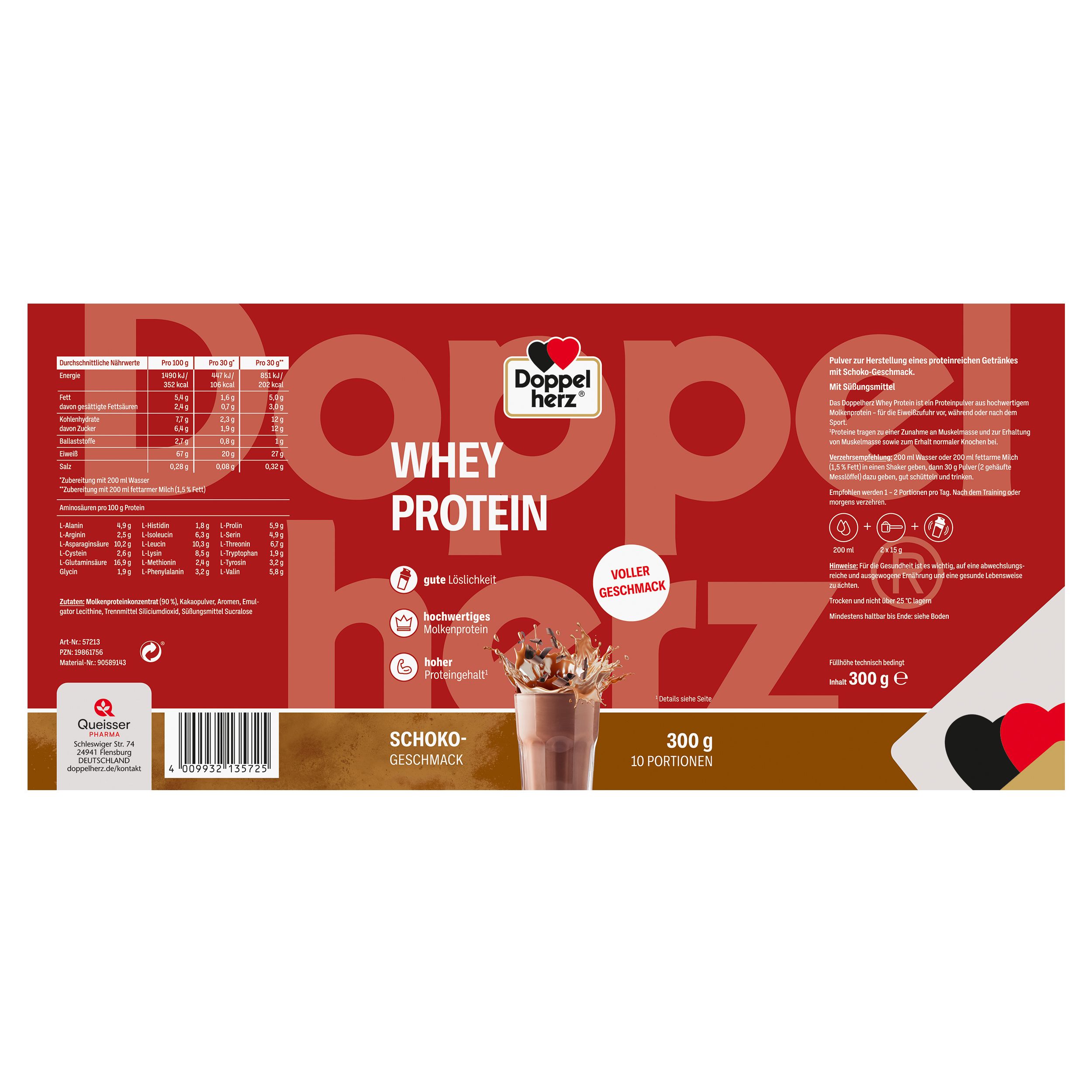 Doppelherz Whey Protein Schoko-Geschmack. Rote Verpackung mit Produktinformationen und Nährwerttabelle. 300g, 10 Portionen.
