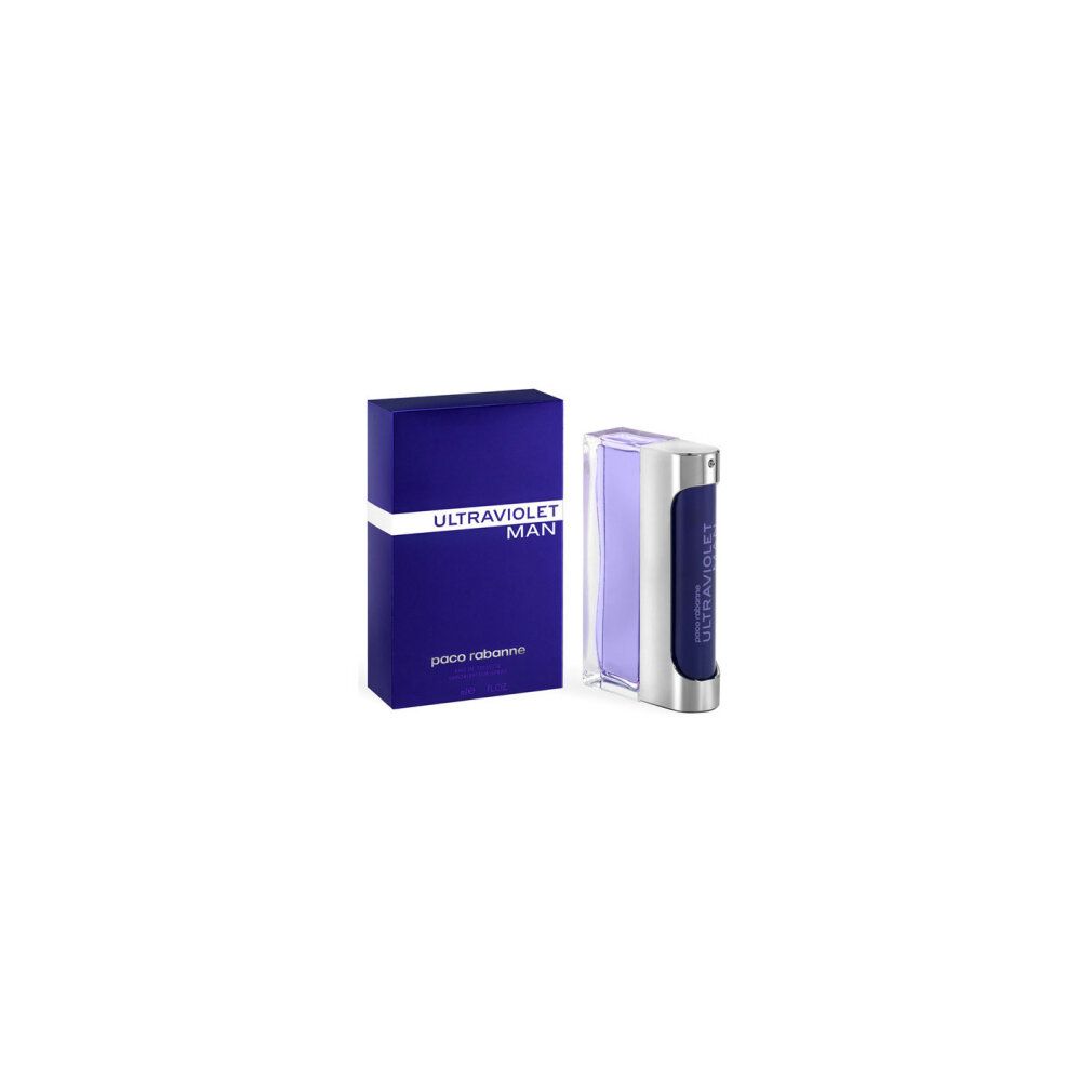 Paco Rabanne Ultraviolet Man. Flakon und Verpackung. Lila Flakon mit silbernen Akzenten. Rechteckig.
