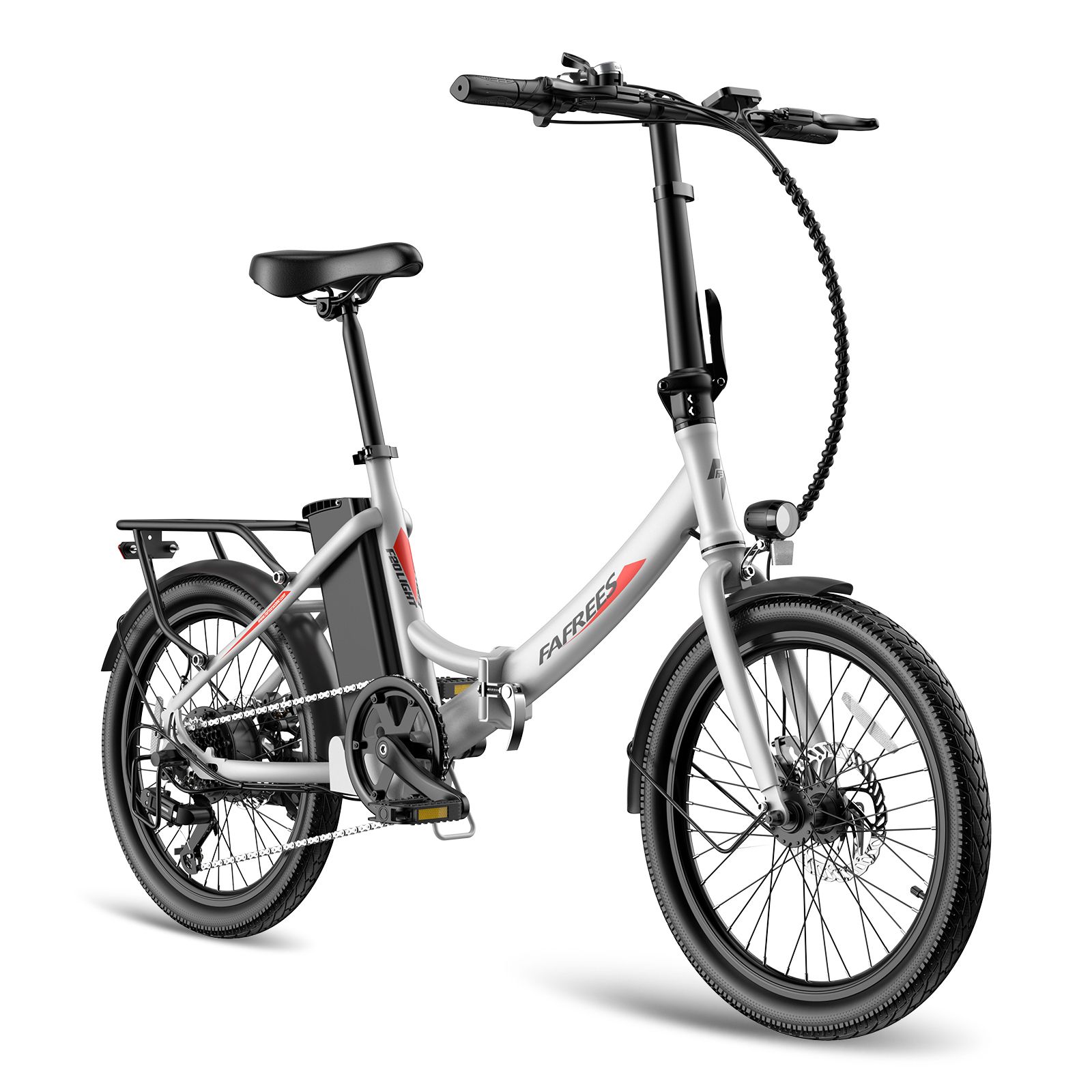 Silbernes Fafrees F20Light E-Bike mit schwarzem Sattel, Reifen und Gepäckträger. Akku am Rahmen.