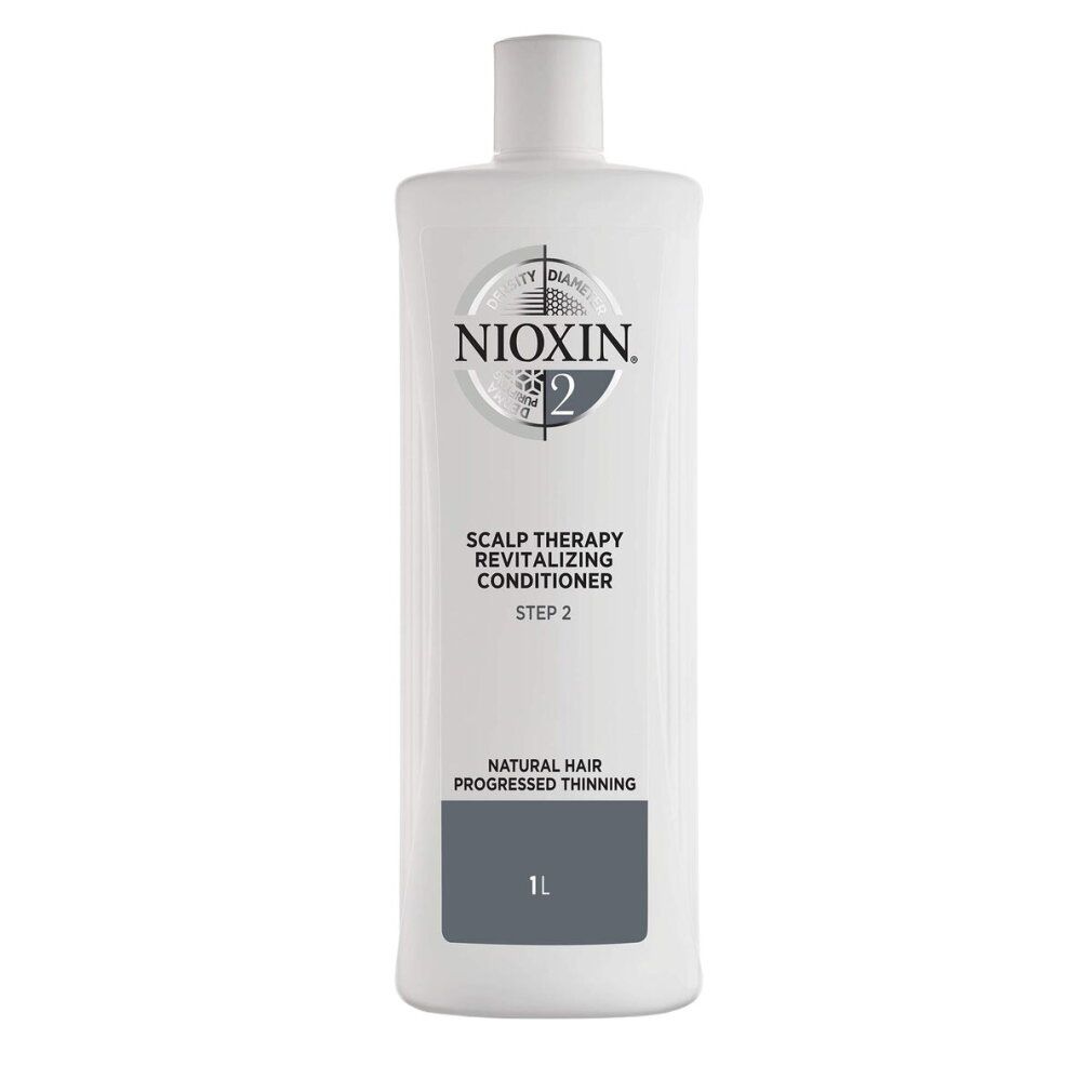 Weiße Flasche Nioxin 2. Aufschrift: Scalp Therapy Revitalising Conditioner, Step 2. Für feines Haar. 1L.