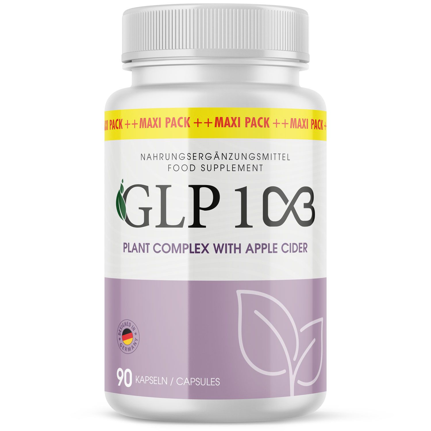 Weißes Pillenfläschchen mit lila Etikett. Aufschrift: GLP 1C3, 90 Kapseln. Mit Apfelessig. Nahrungsergänzungsmittel.